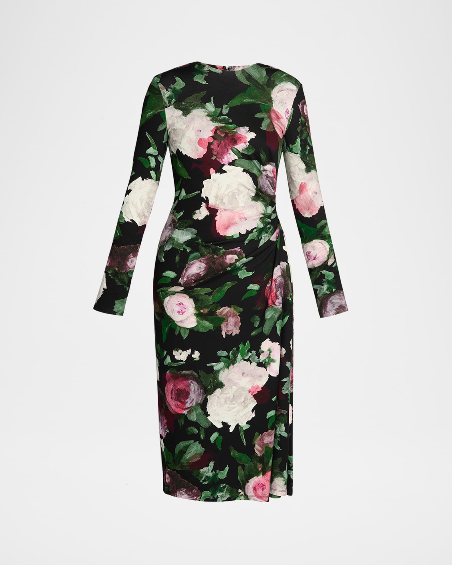 Floral Long-Sleeve Draped Midi Dress 0