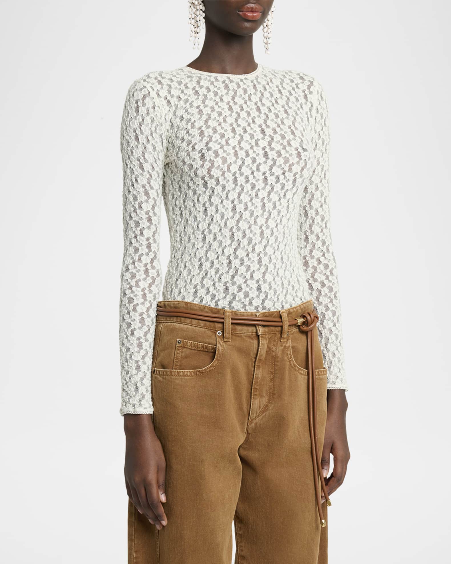 Tシャツ・カットソー ISABEL MARANT GAELLE LONG-SLEEVE TOP IN STRETCH LACE Isabel Marant Gaelle Floral Stretch Lace Top | Neiman Marcus