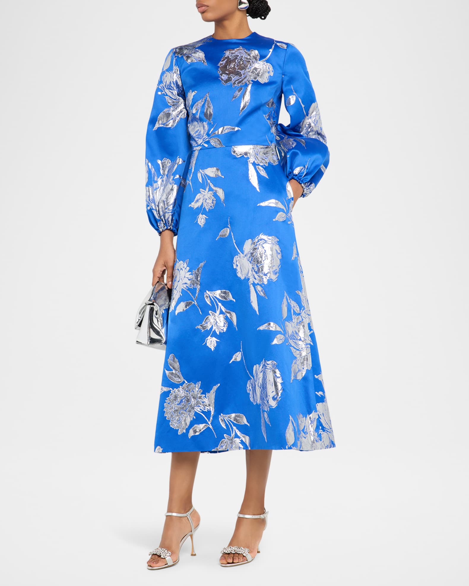 Metallic Jacquard Bishop-Sleeve Midi Dress 1