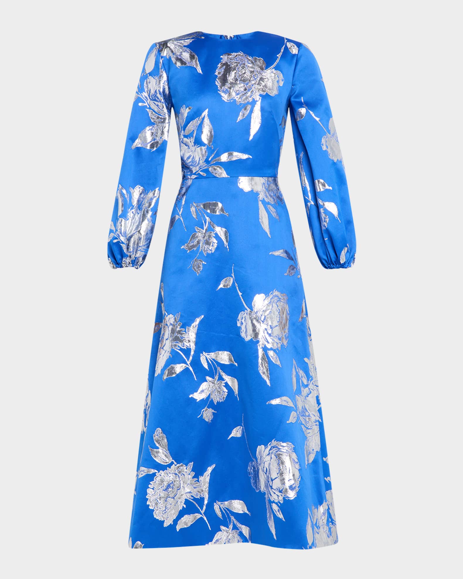 Metallic Jacquard Bishop-Sleeve Midi Dress 0