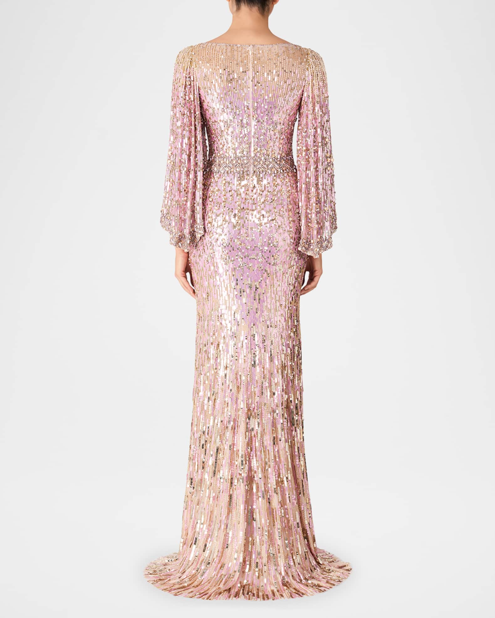 Jenny Packham Ines Crystal Sequined Flare-Sleeve Gown