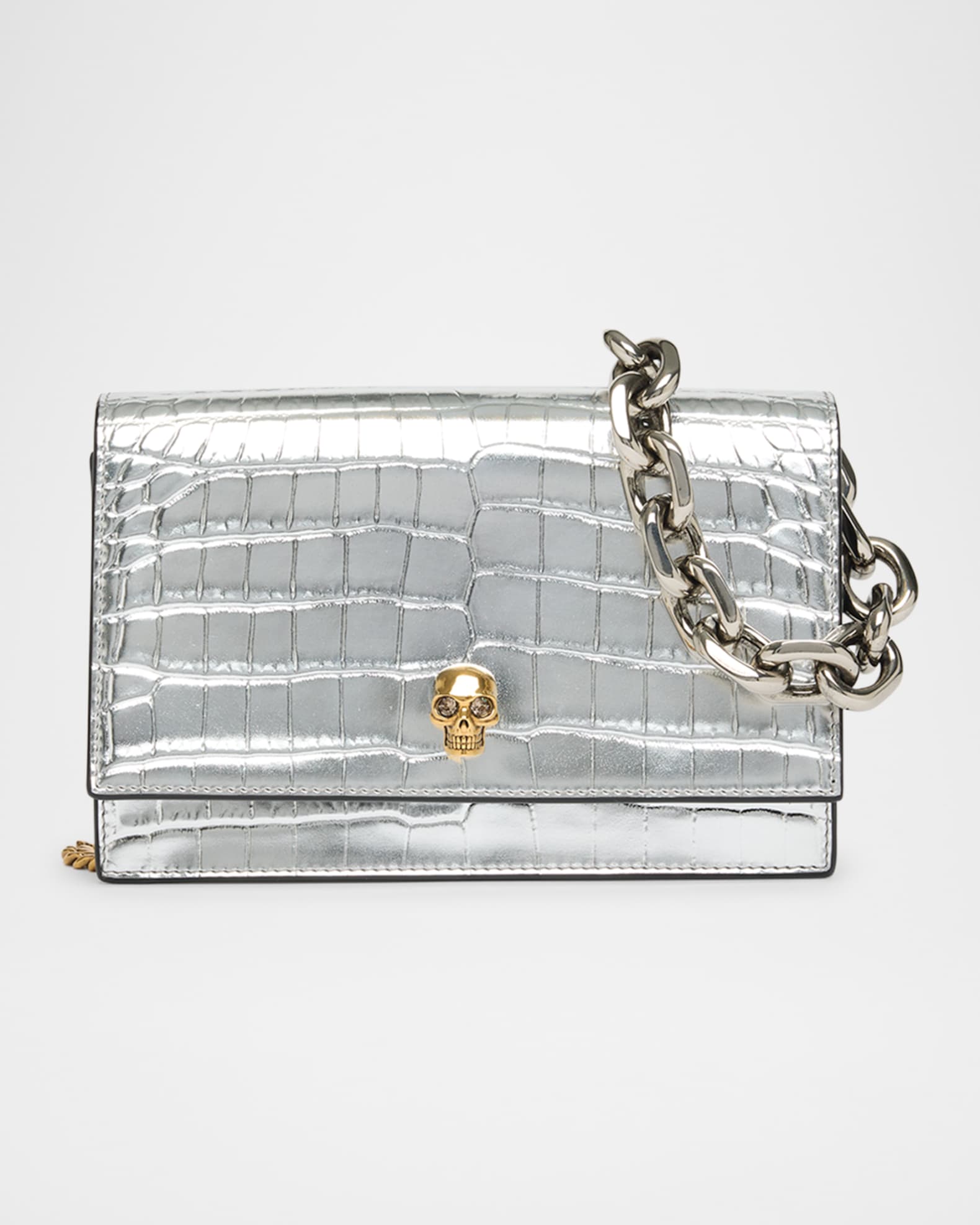 Skull Metallic Croc-Embossed Leather Shoulder Bag 0