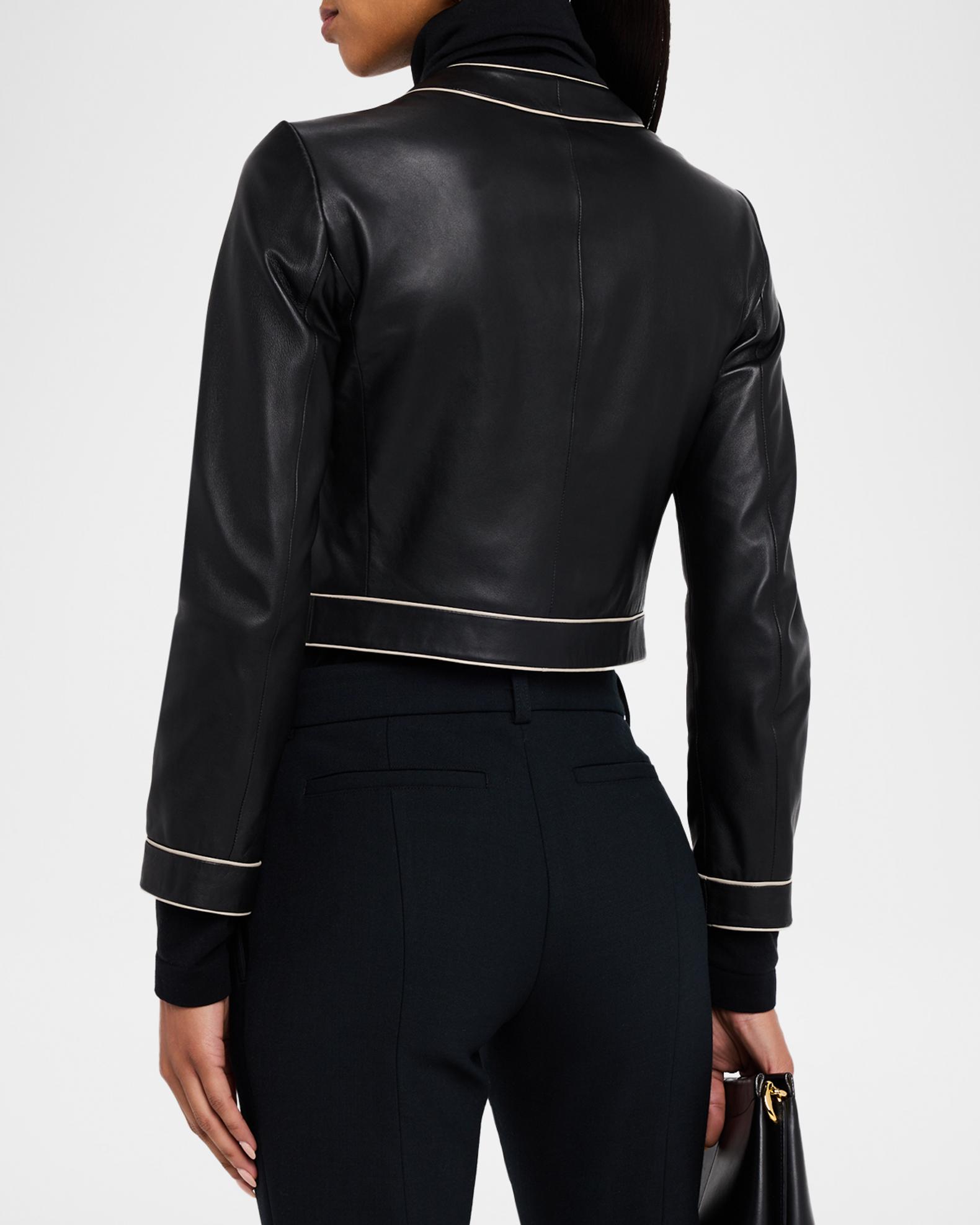 Emporio Armani Cropped Contrast-Trim Leather Jacket | Neiman Marcus