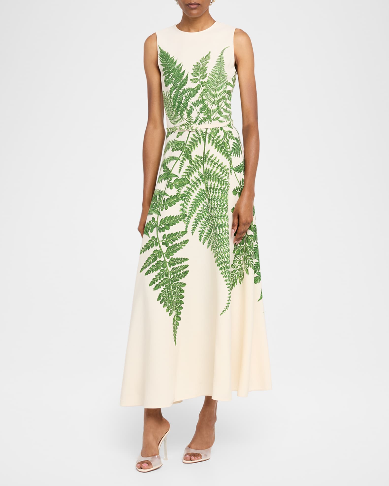 Fern-Print Double-Face Wool Sleeveless Midi Day Dress With Belt 1
