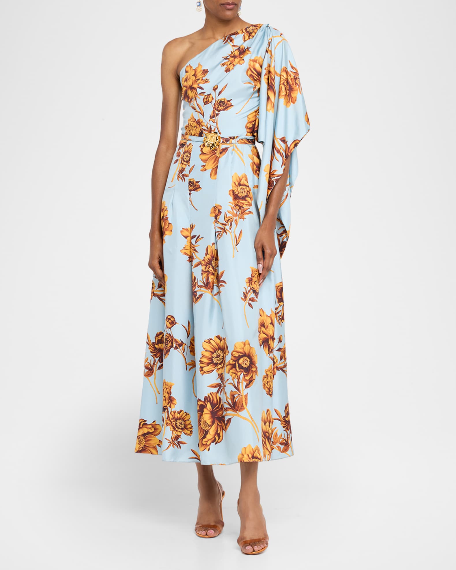 Peony-Print Draped One-Shoulder Midi Dress With Belt 1