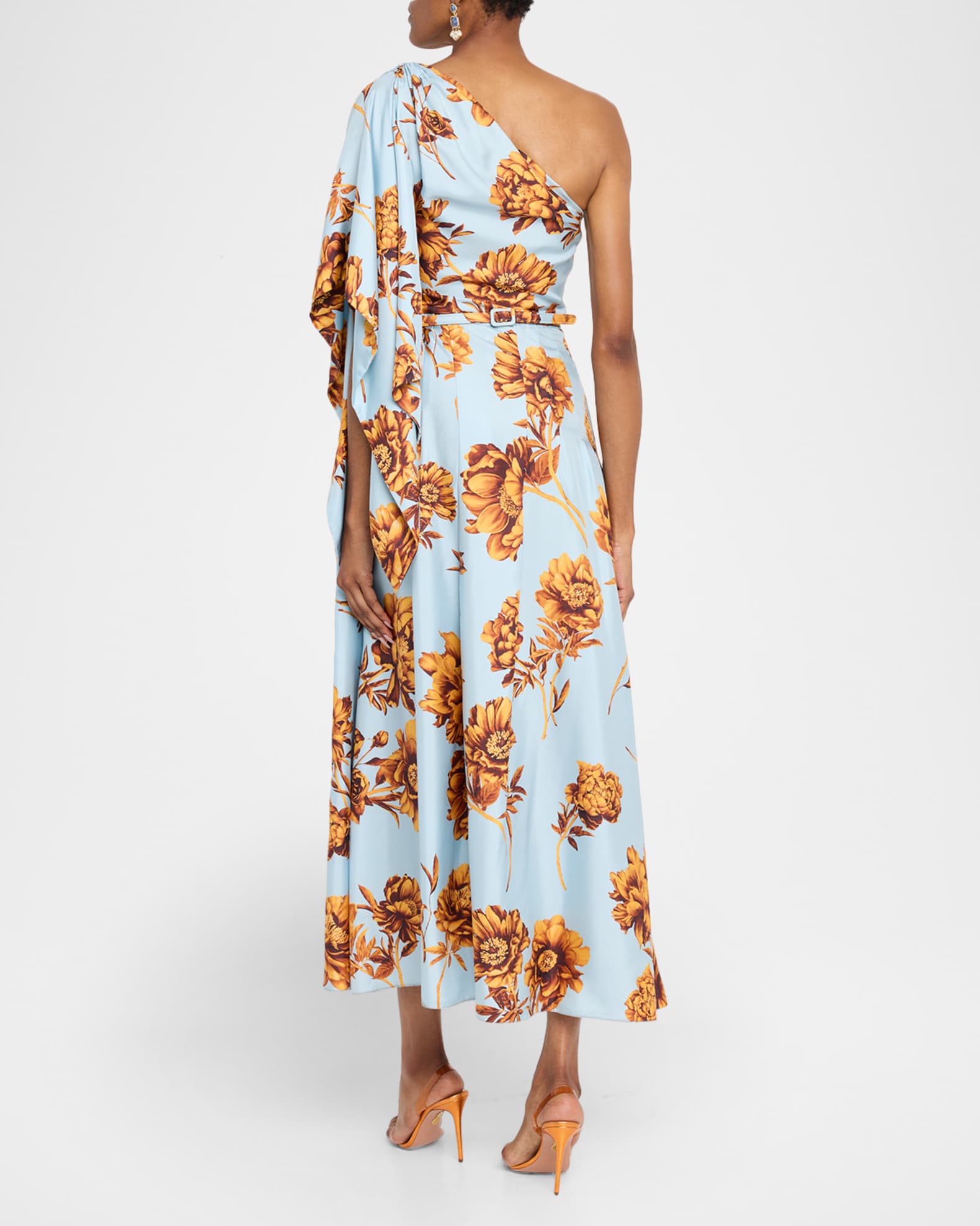 Oscar de la Renta Peony-Print Draped One-Shoulder Midi Dress