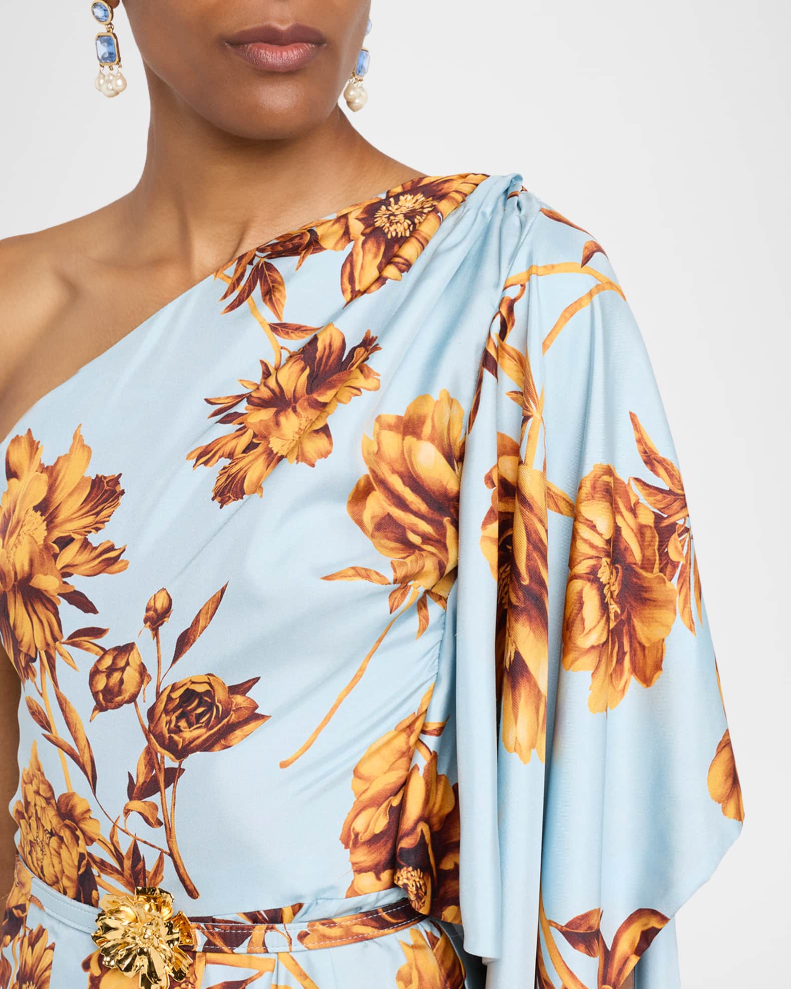 Oscar de la Renta Peony-Print Draped One-Shoulder Midi Dress
