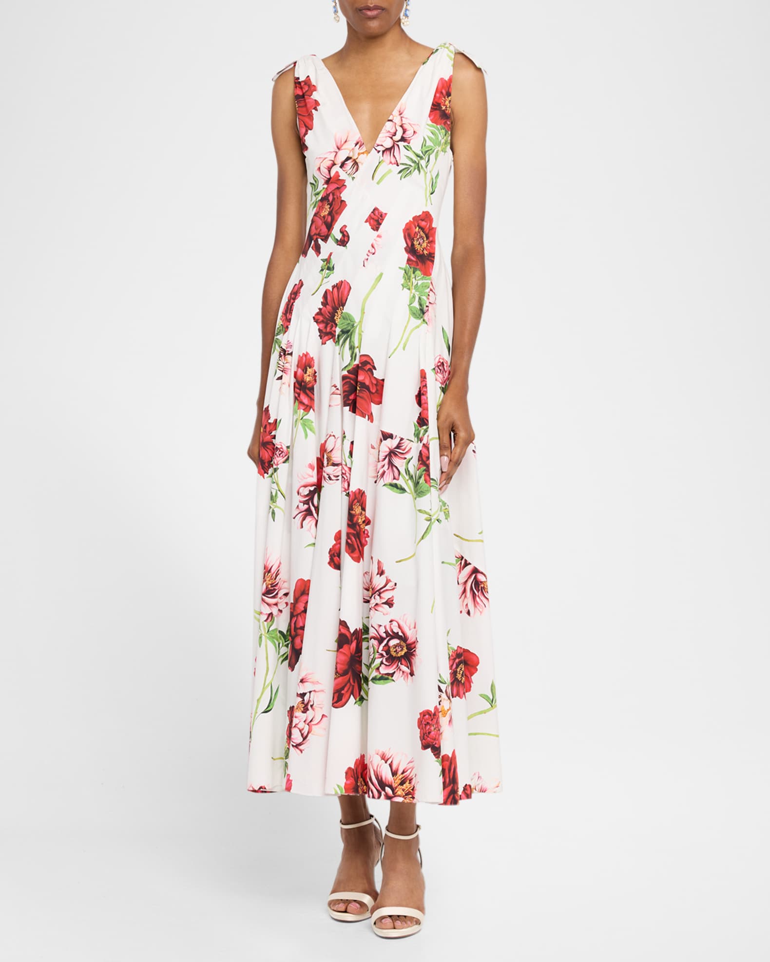 Sleeveless V-Neck Peony-Print Poplin Day Dress 1