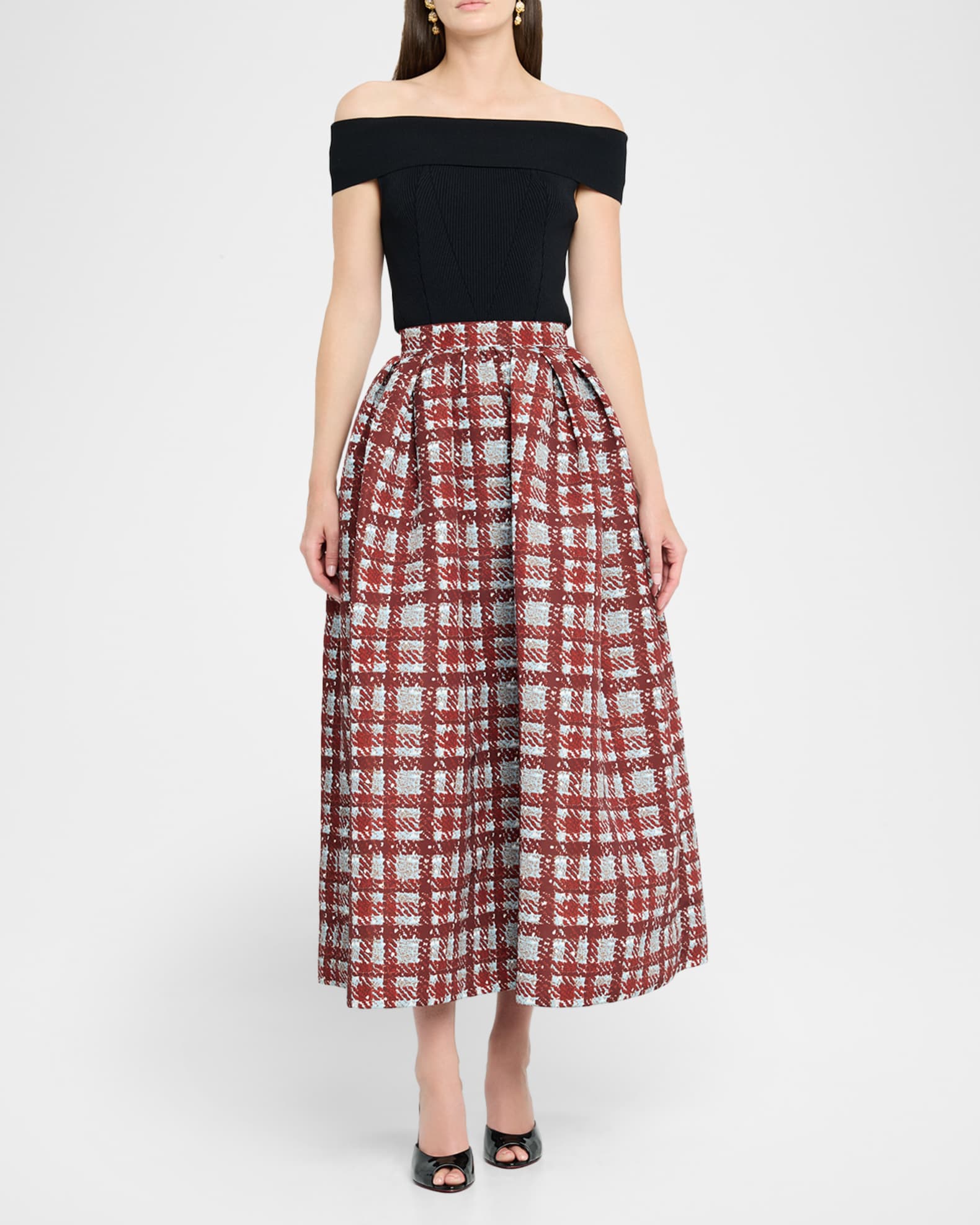 Textured Plaid-Print Pleated Midi Circle Skirt 1