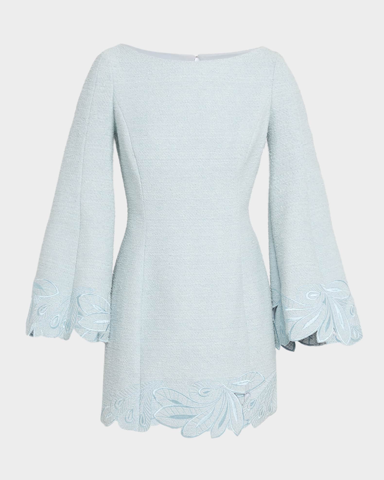 Flared Embroidered Long-Sleeve Cotton Tweed Dress 0