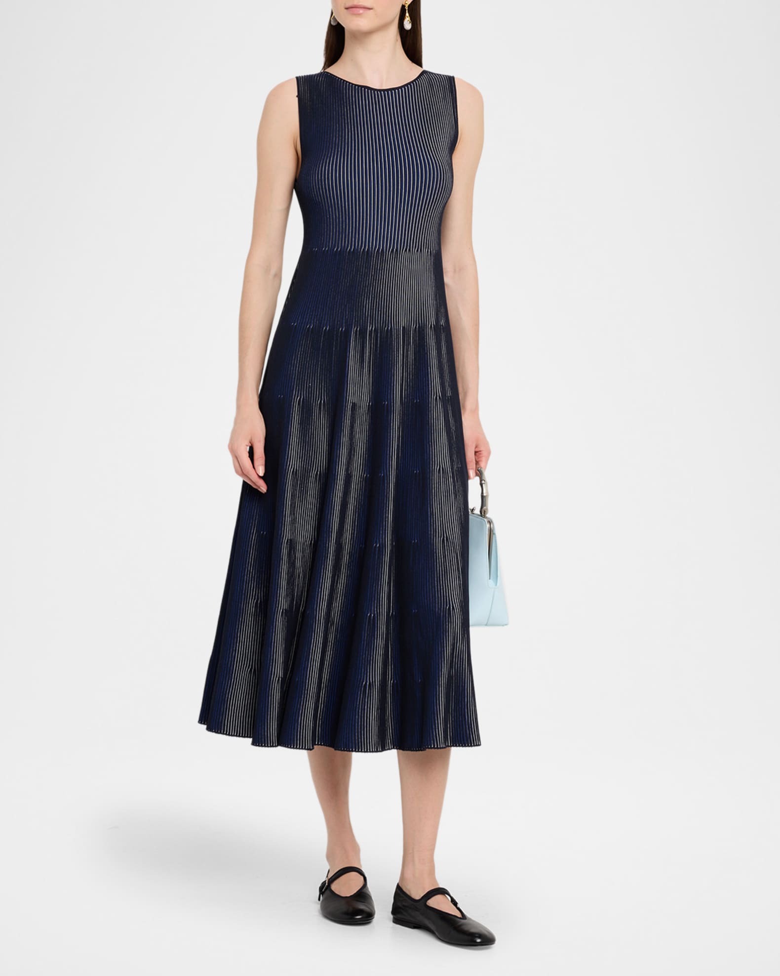 Emporio Armani Sleeveless Tiered Striped Knit Midi Dress - Black Navy Bicolor