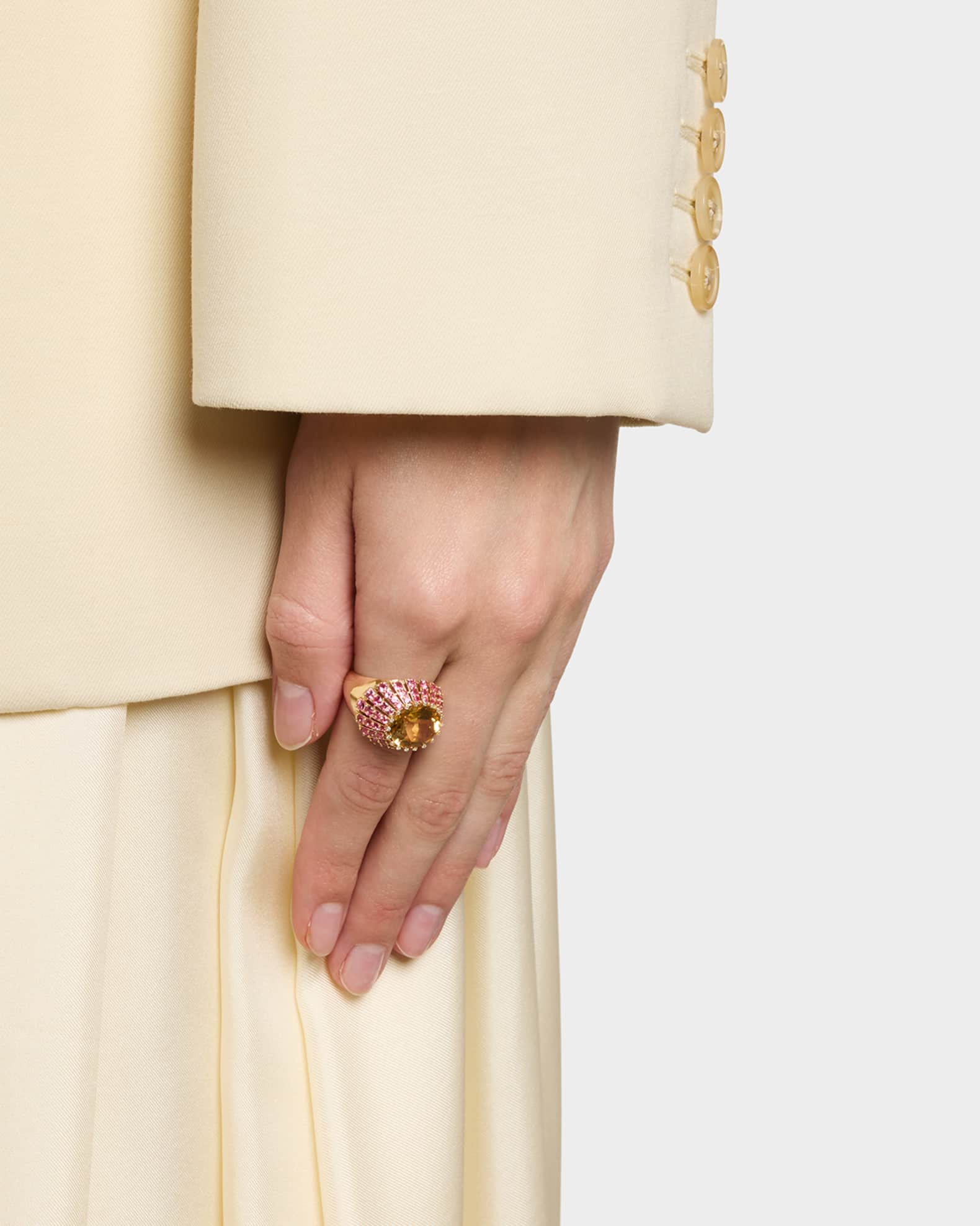 14K Yellow Gold Pink Spinel Raised Citrine Statement Ring with Diamonds 1