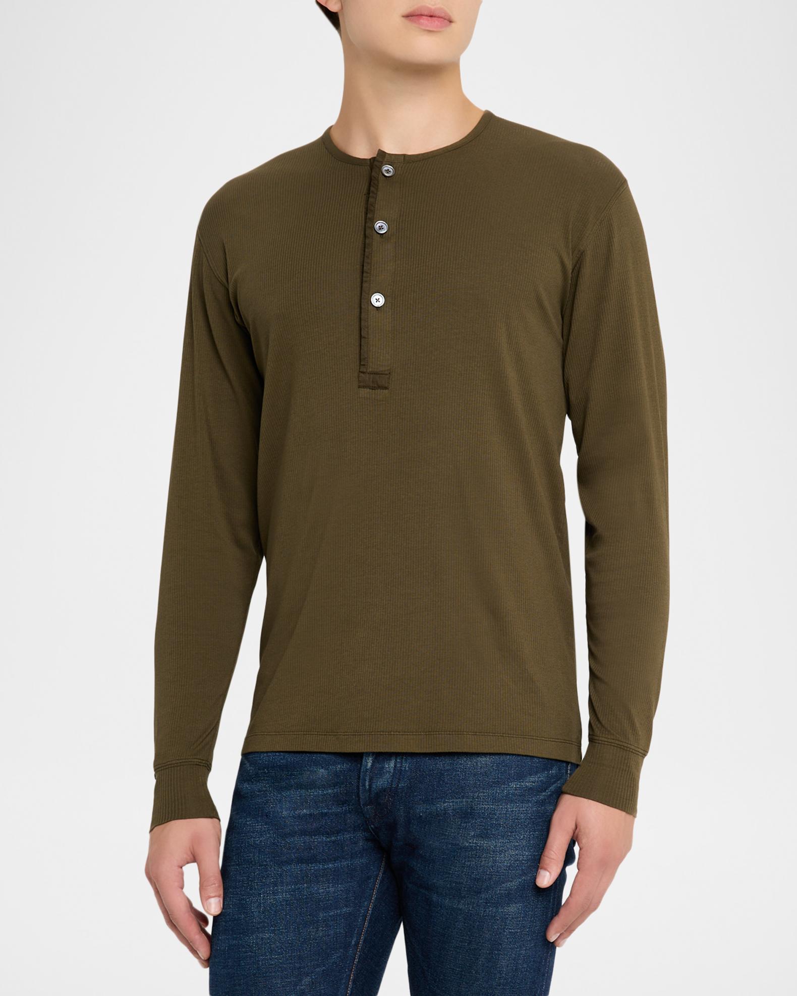 TOM FORD Men's Ribbed Long-Sleeve Henley Tee | Neiman Marcus