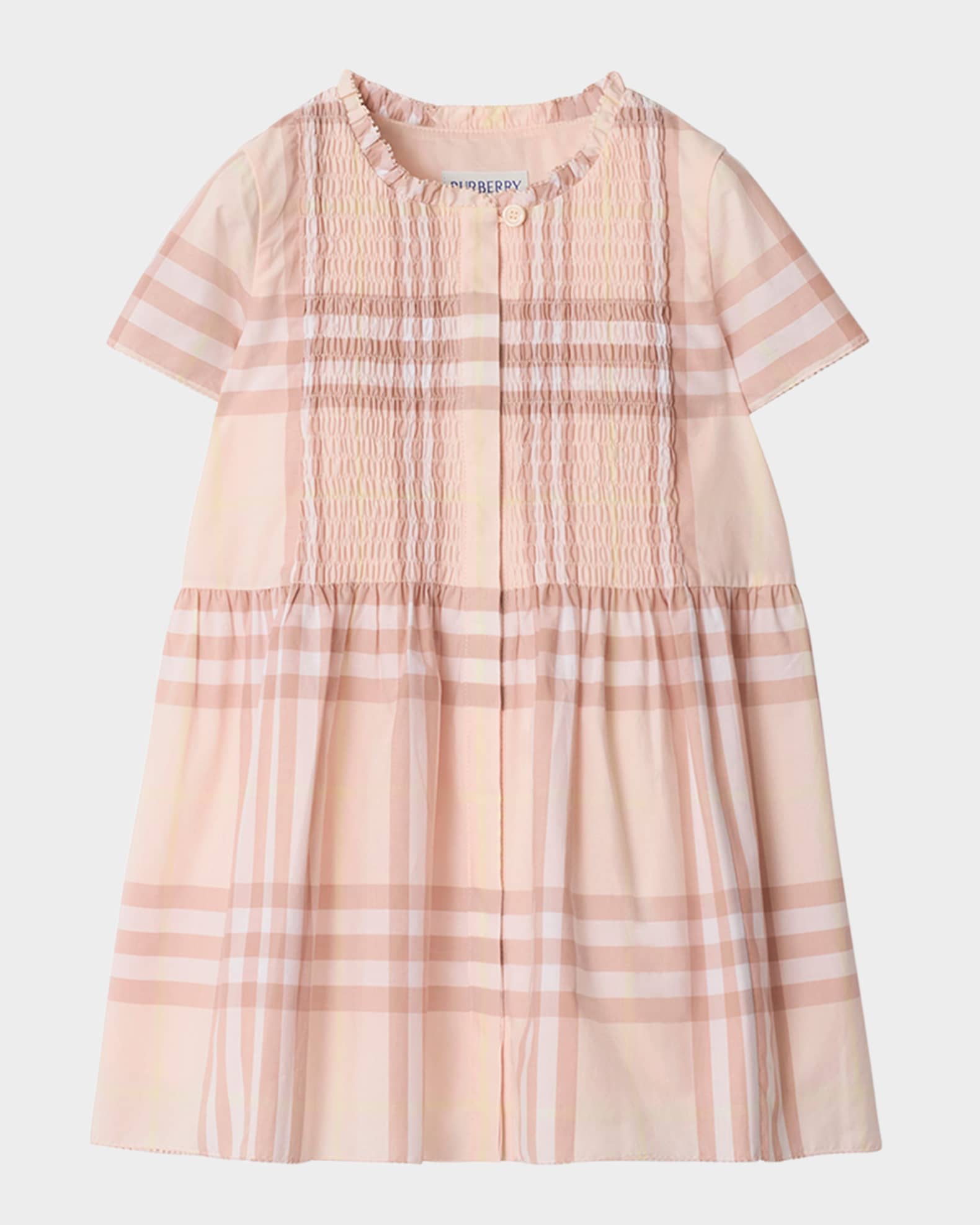 Girl's Rose Check Smocked Poplin Cap-Sleeve Dress, Size 12M-2 0