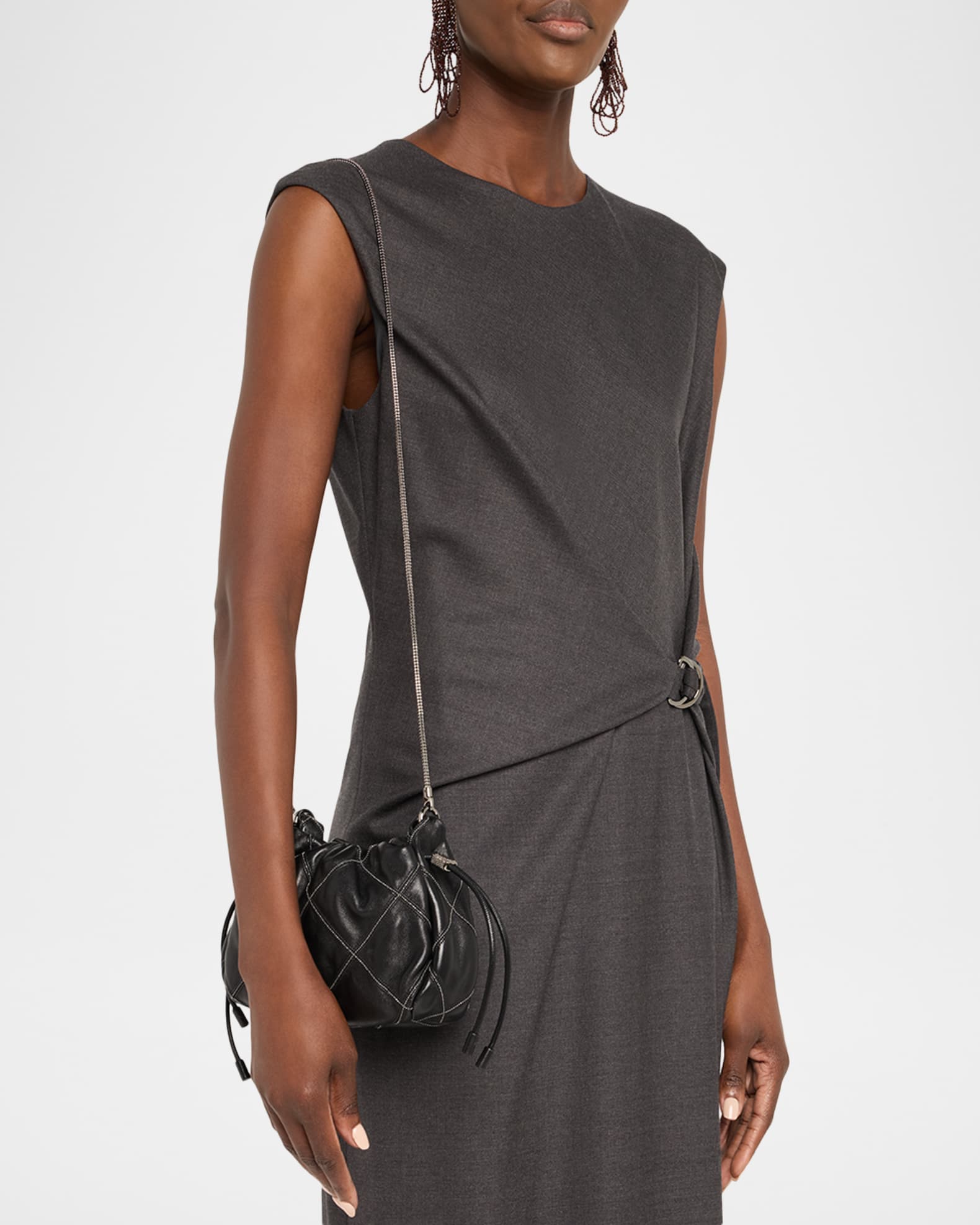 Monili-Trim Quilted Leather Bucket Bag 1