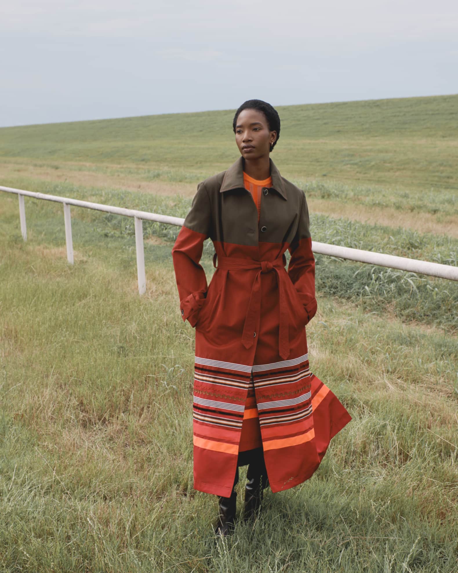 CHRISTOPHER JOHN ROGERS Embroidered Stripe Belted Long Trench Coat