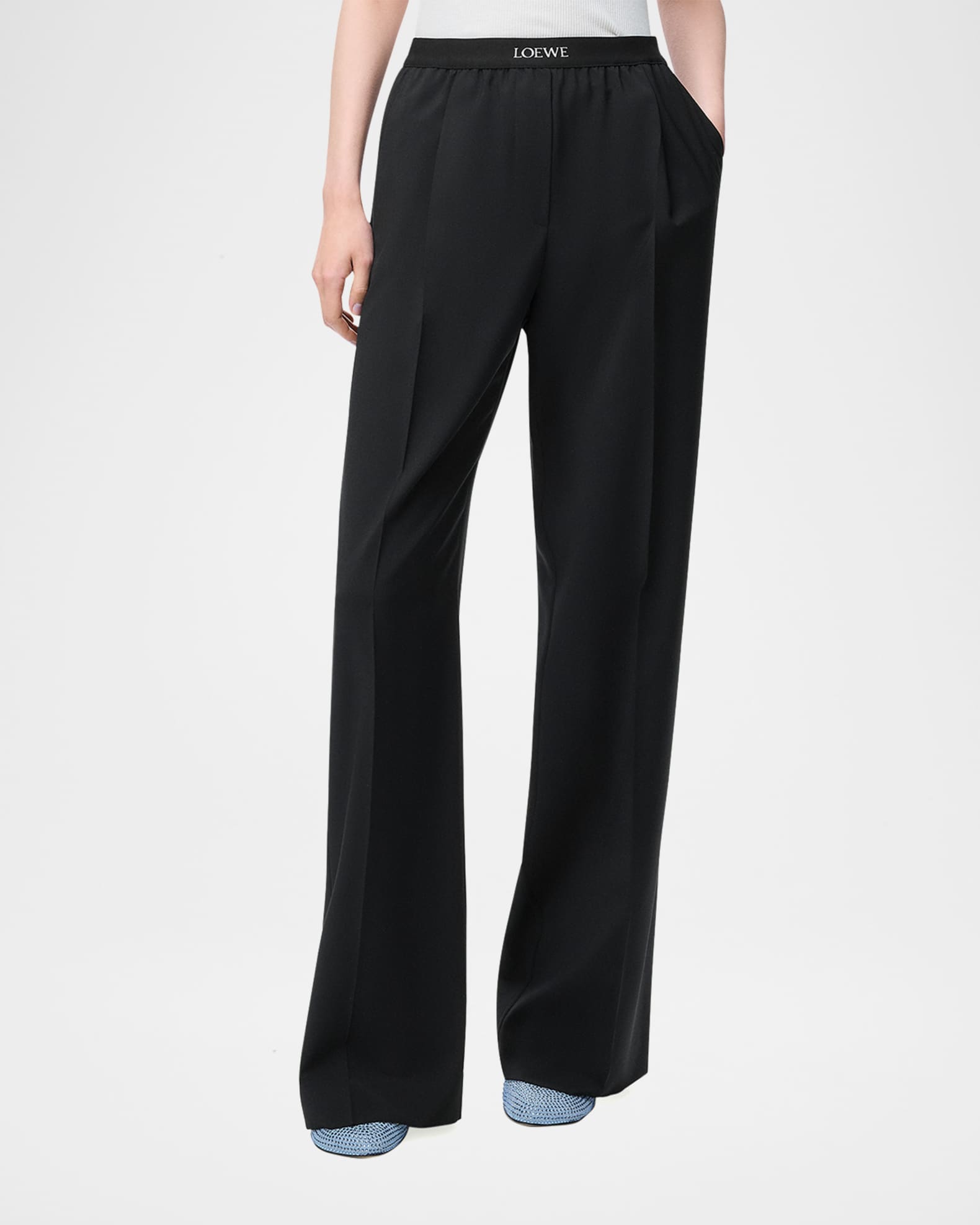 Loewe Logo Waistband Wide-Leg Trousers | Neiman Marcus