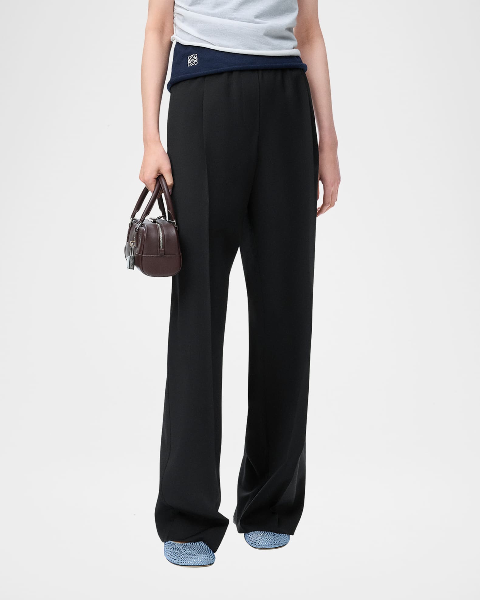 24SS new/LOEWE ロゴジャカードワイドレッグパンツ Pants Black Loewe Logo-jacquard wool wide-leg pants Loewe