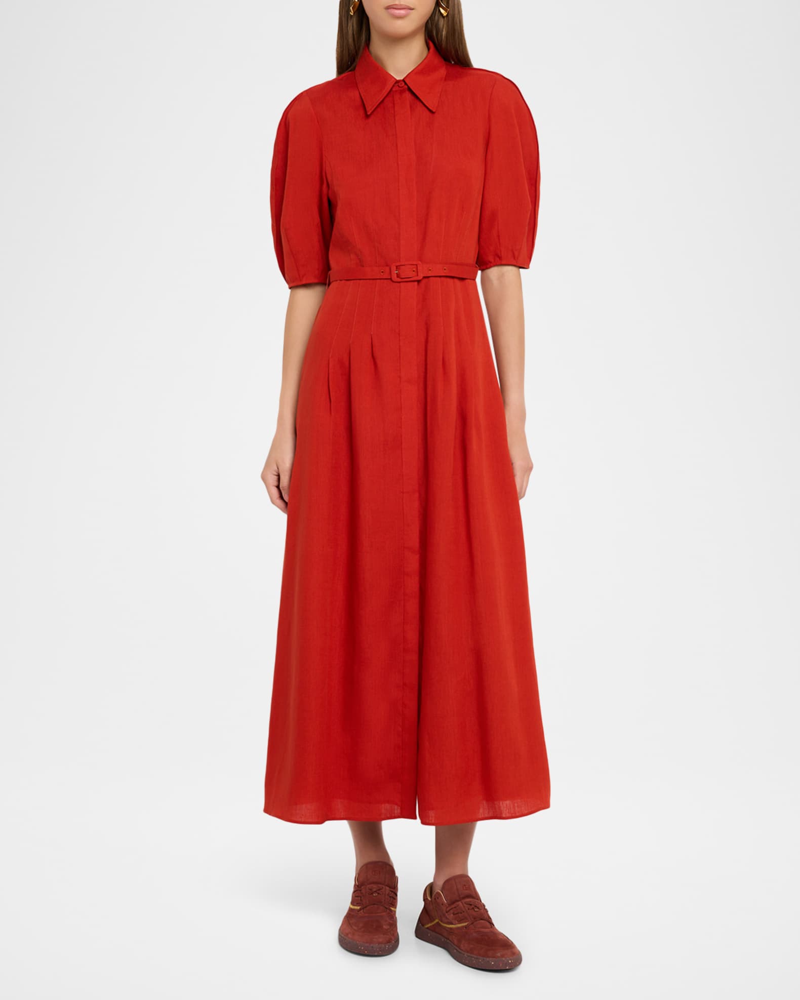 Maude Puff-Sleeve Belted Linen Midi Shirtdress 1