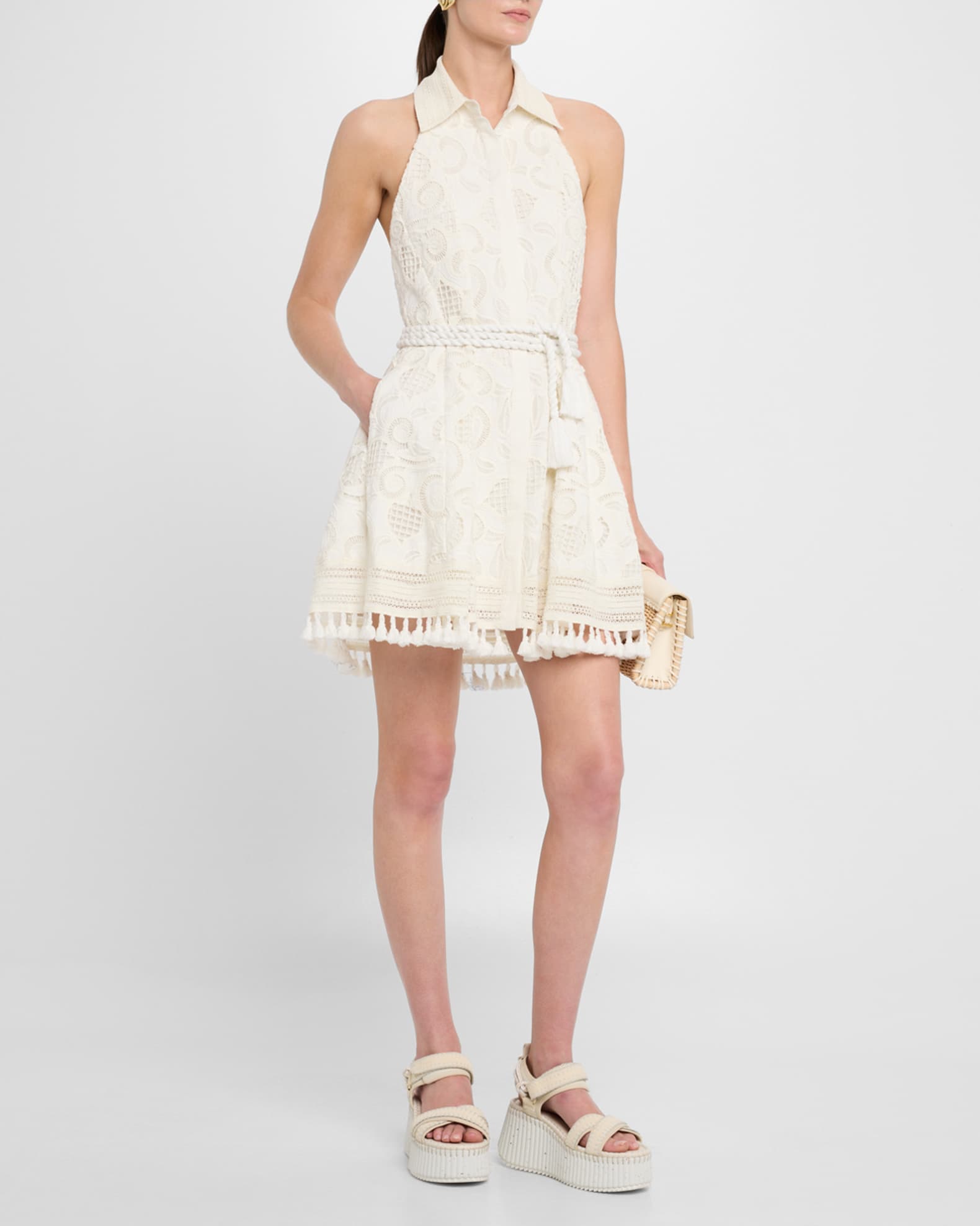 Alice + Olivia Lucy Eyelet Halter Mini Shirtdress | Neiman