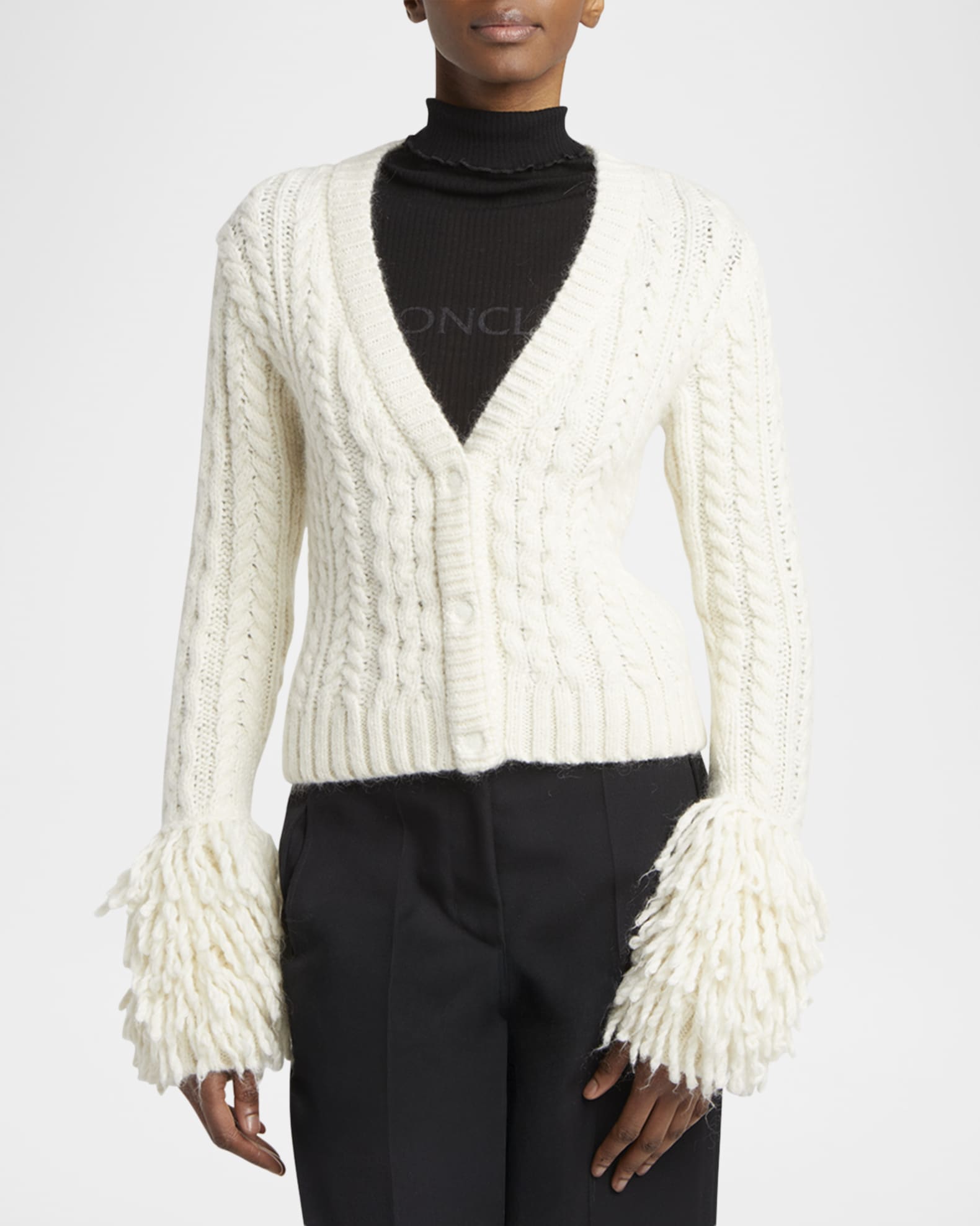 Moncler Cable-Knit Fringe Cardigan | Neiman Marcus