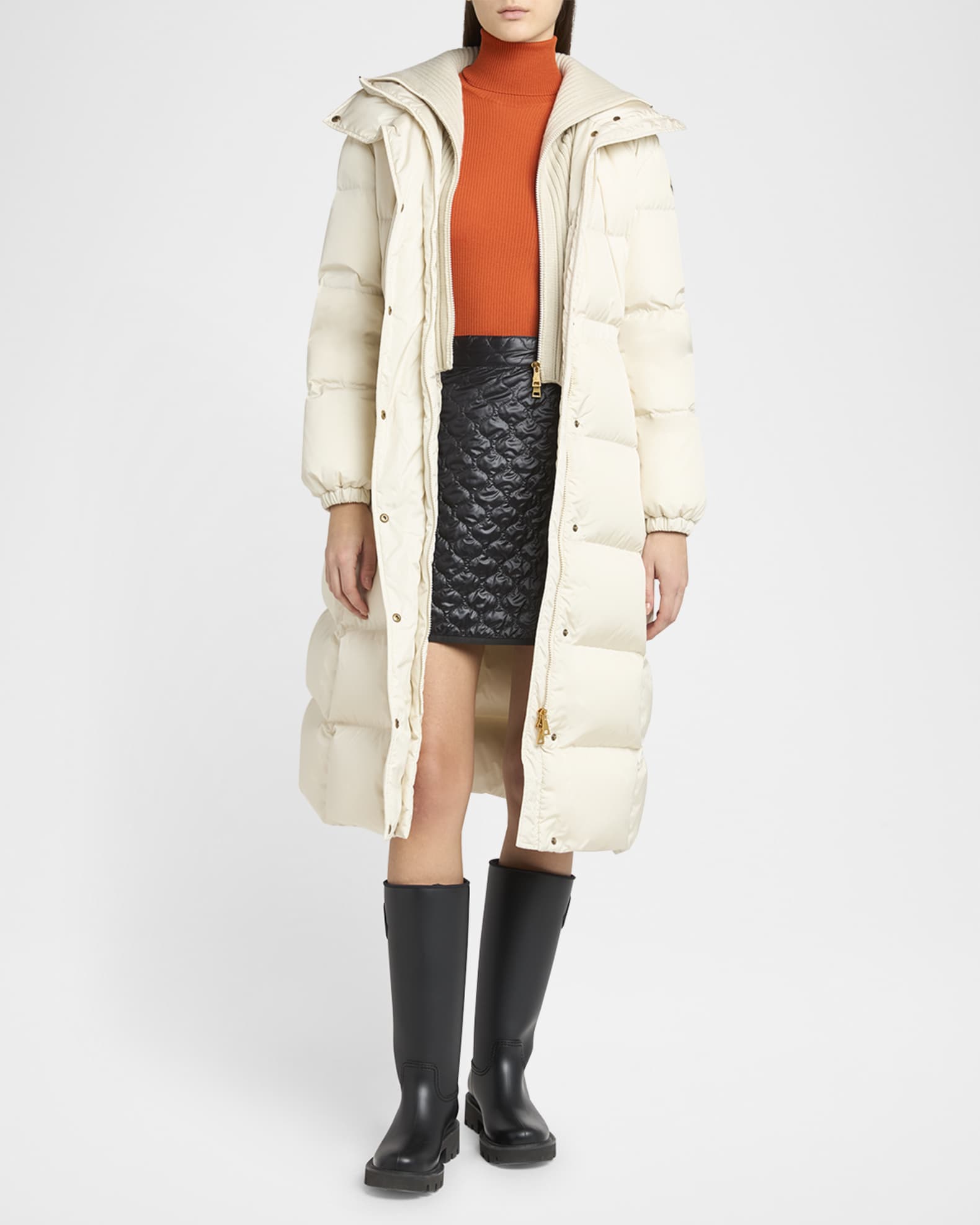 Moncler Chamer Long Hooded Down Coat with Detachable Dickey