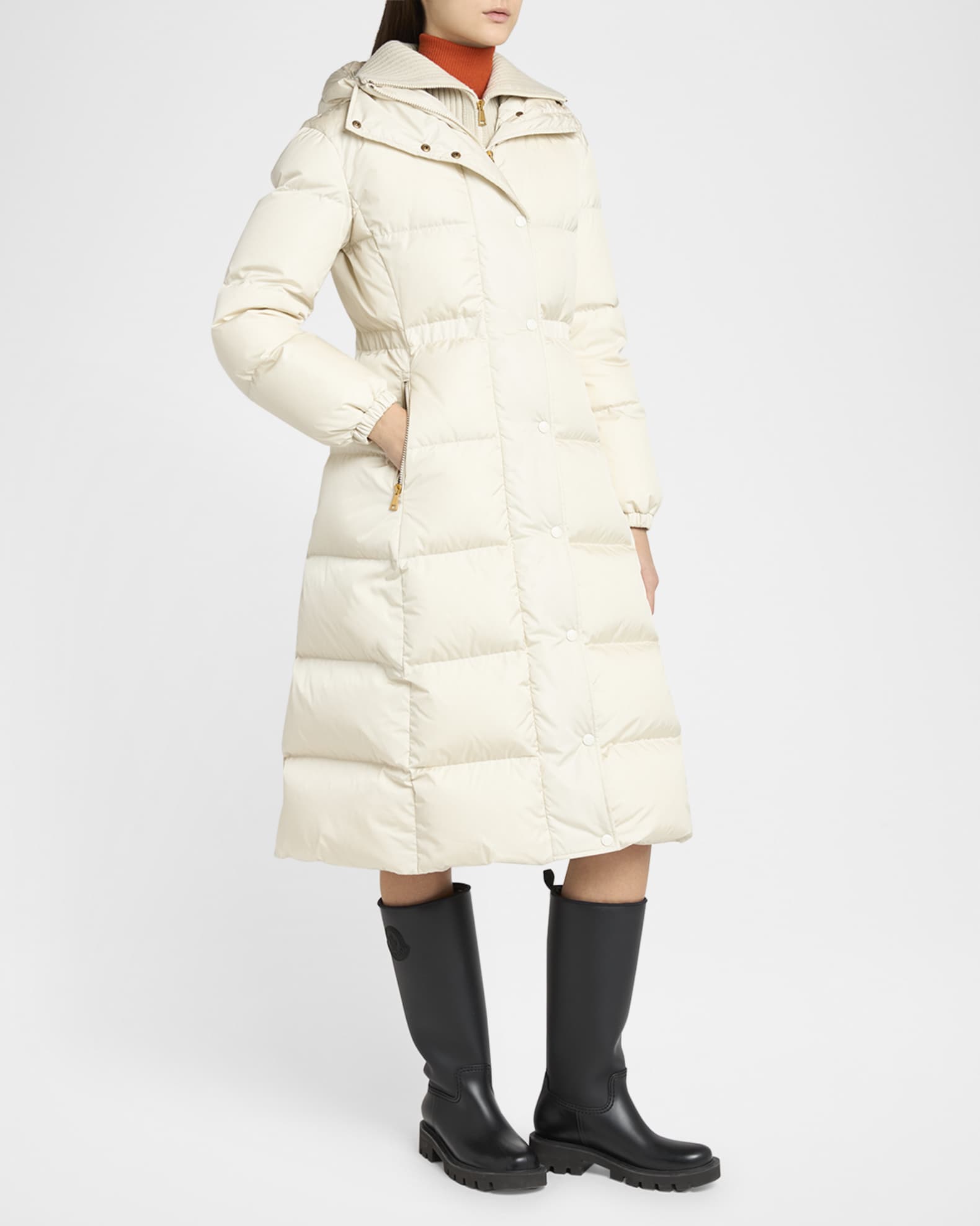 Moncler Chamer Long Hooded Down Coat with Detachable Dickey