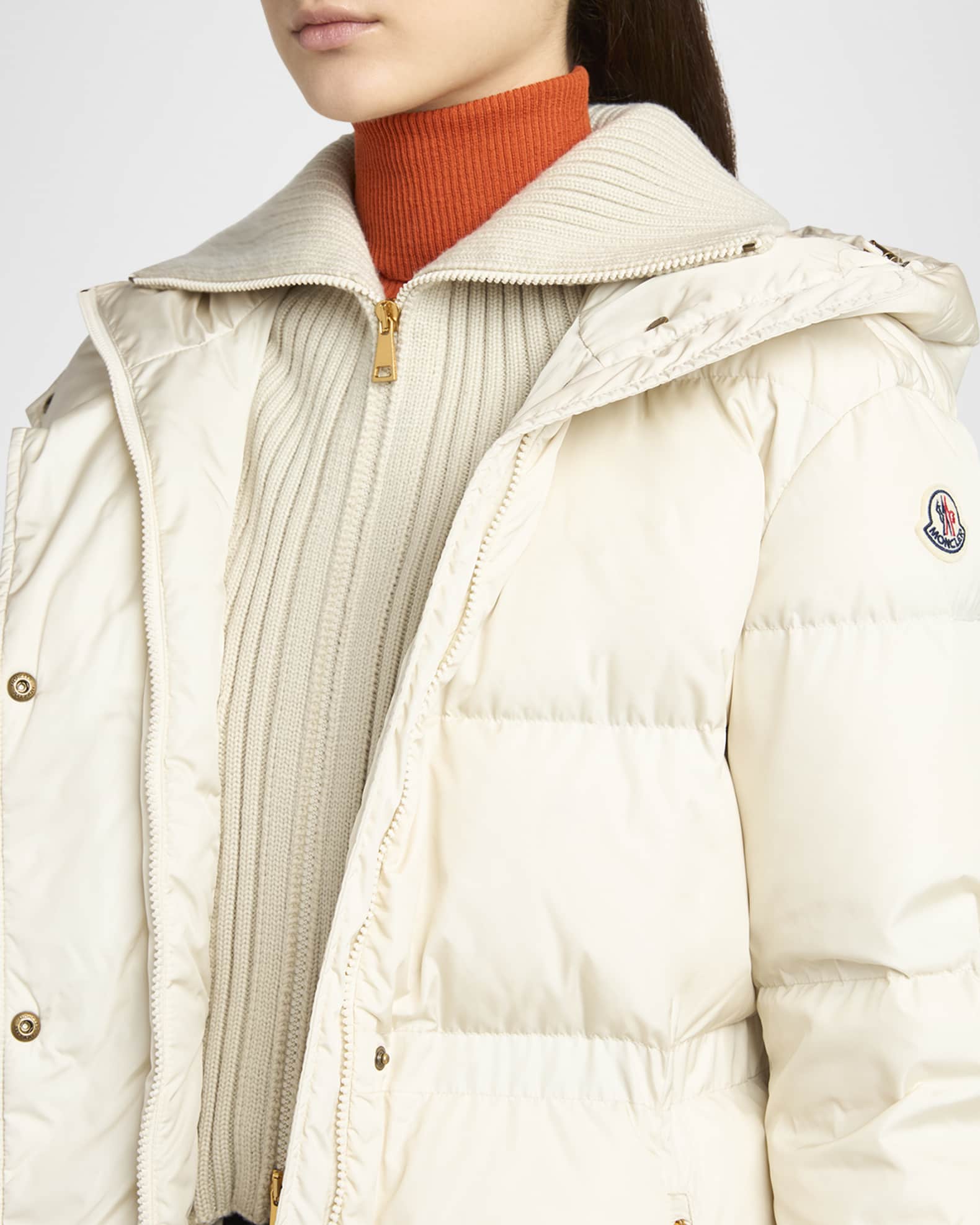 Moncler Chamer Long Hooded Down Coat with Detachable Dickey