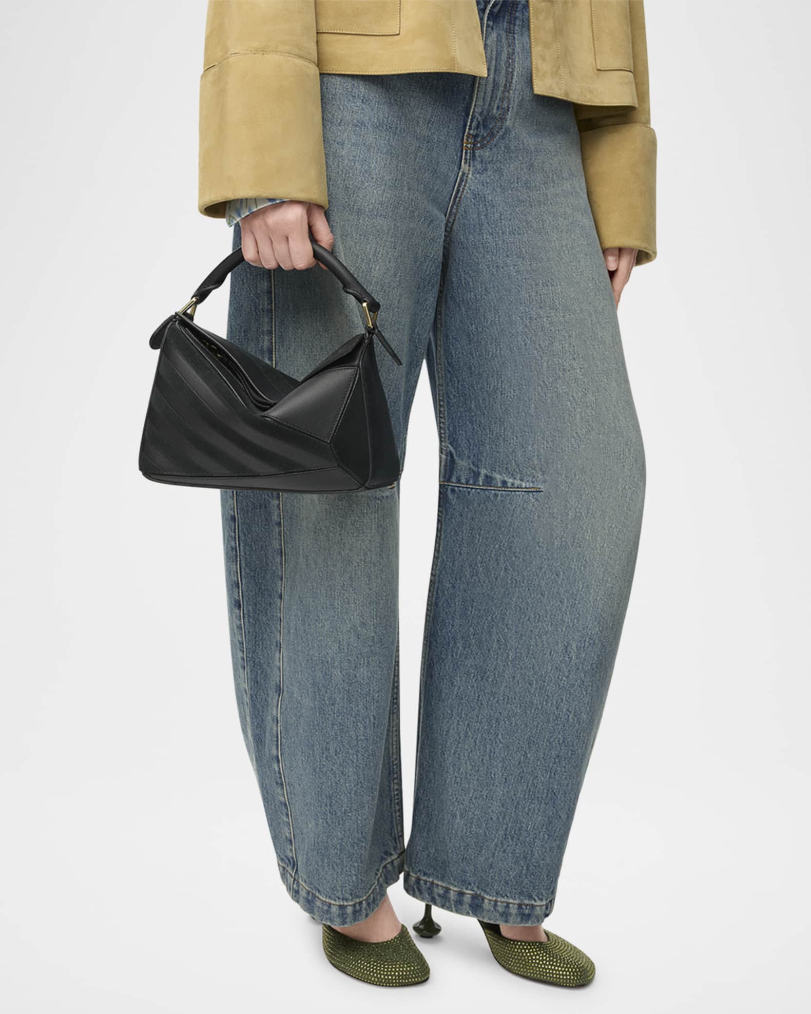 Loewe Puzzle Small Striped Top-Handle Bag in Leather & Suede