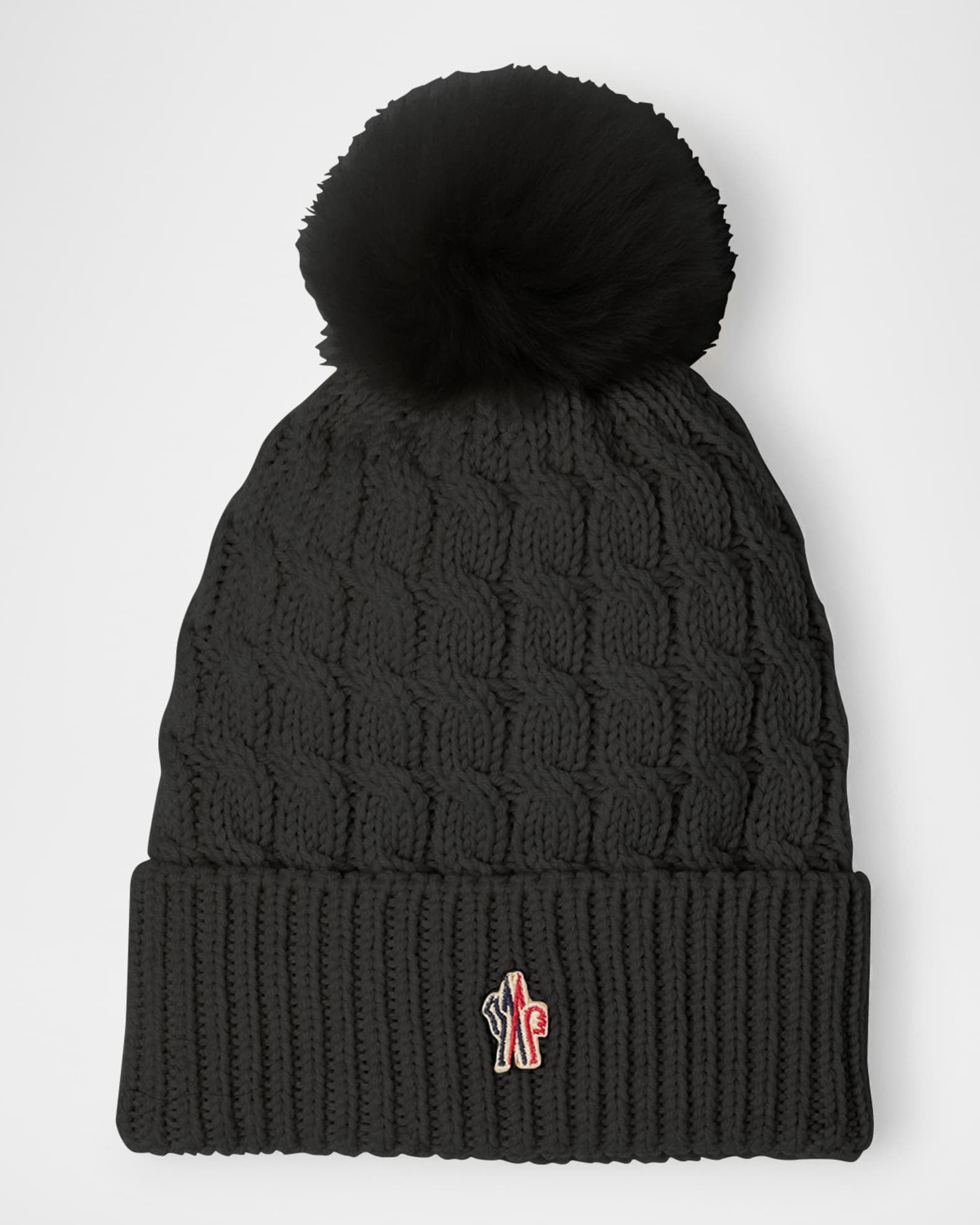 Moncler Grenoble Cable-Knit Beanie with Fur Pom | Neiman Marcus
