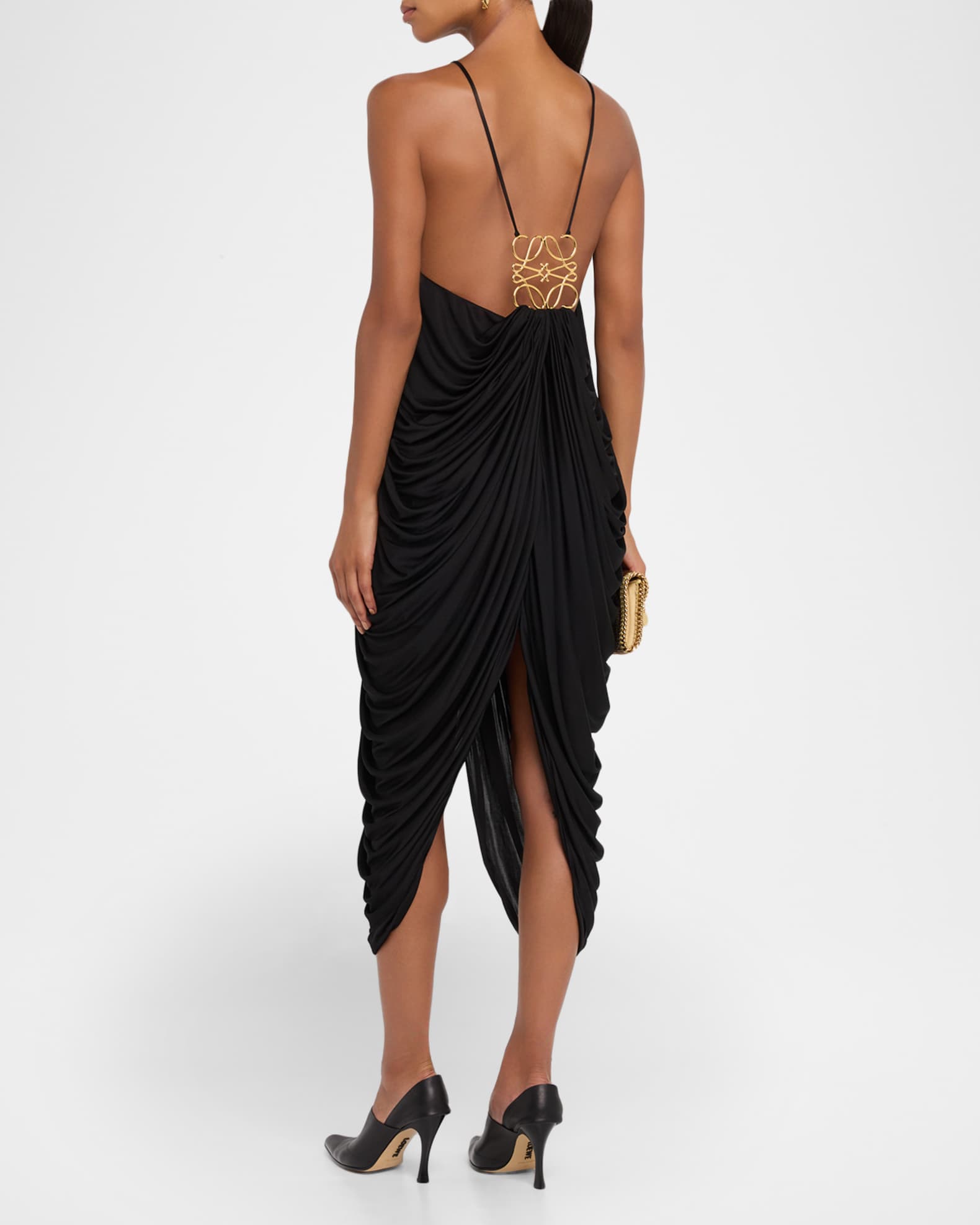 Loewe Draped Anagram Backless Midi Dress | Neiman Marcus