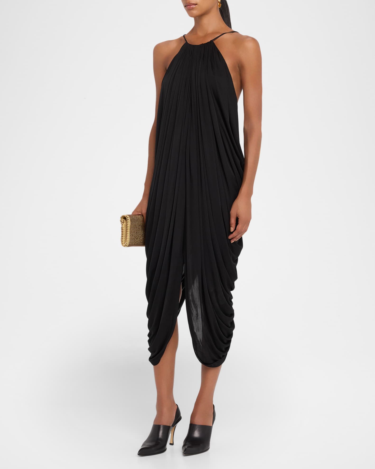 Loewe Draped Anagram Backless Midi Dress | Neiman Marcus