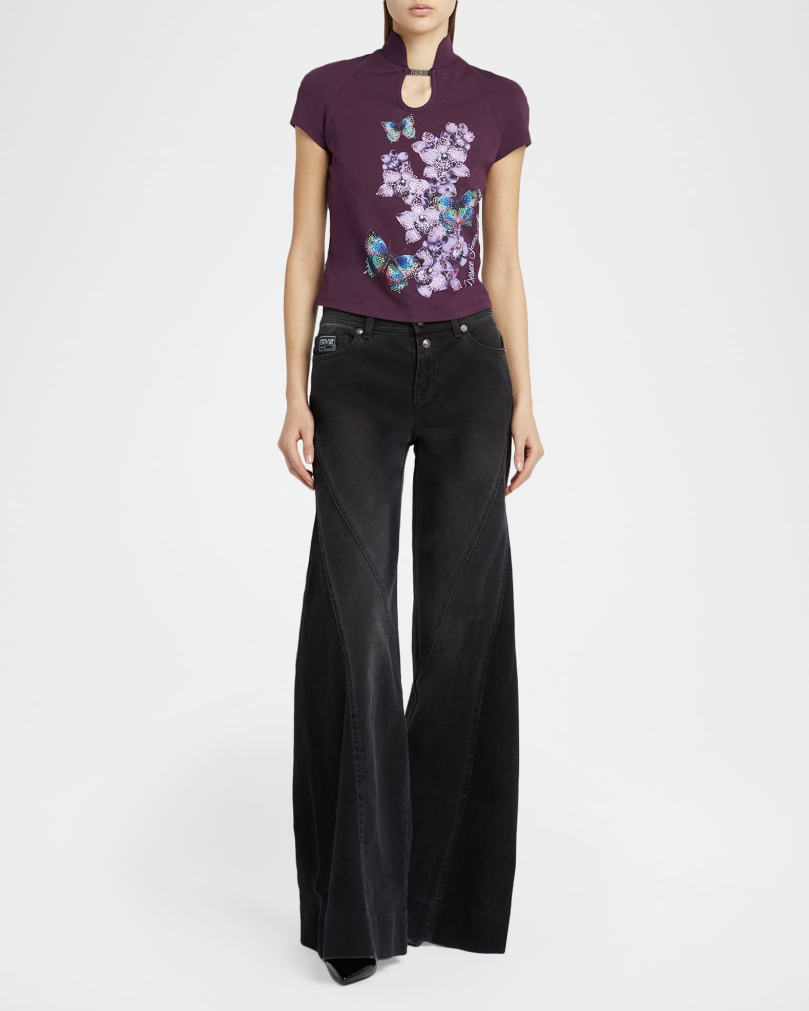 Versace Jeans Couture Printed Cut-Out Short-Sleeve Top | Neiman Marcus