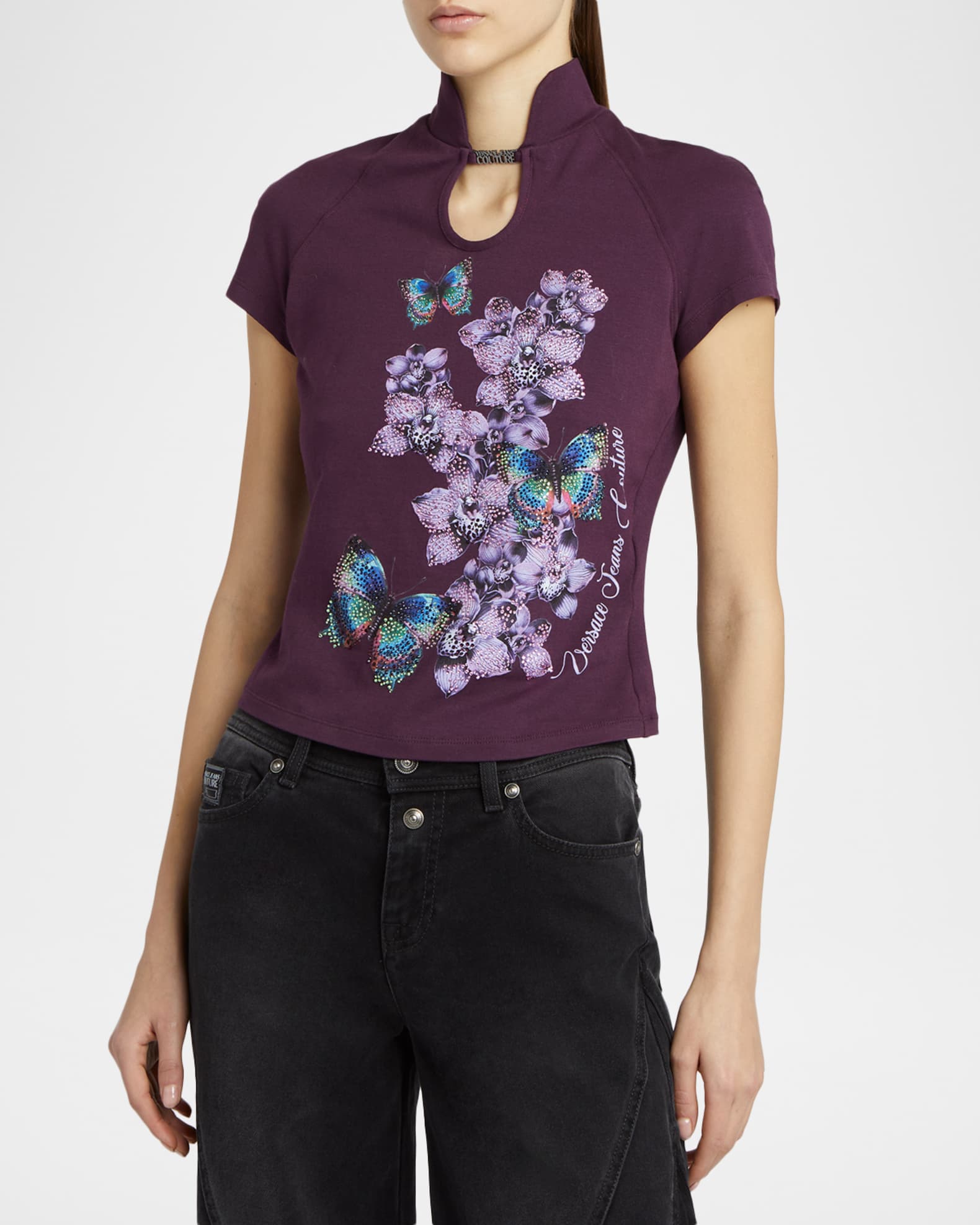 Versace Jeans Couture Printed Cut-Out Short-Sleeve Top | Neiman Marcus
