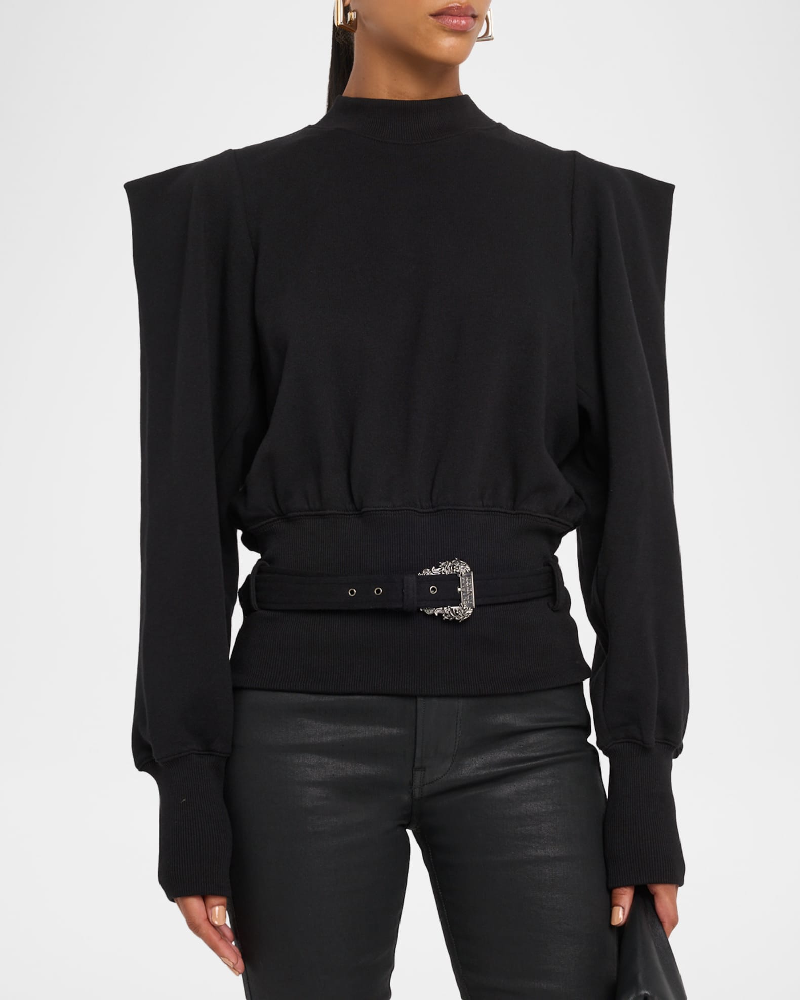 Belted Mock-Neck Sweatshirt