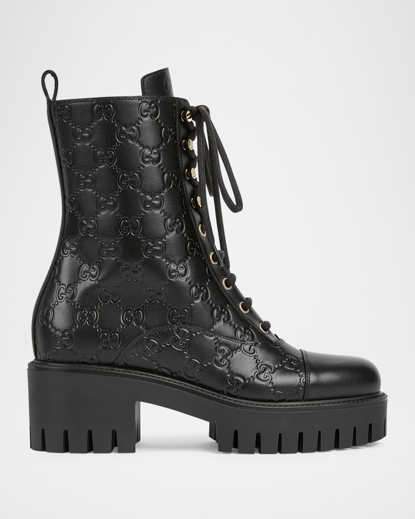 グッチ　マーモントロゴ　ロングブーツ　gucci インターロッキング　スニーカー Gucci New Marmont GG Interlock Leather Combat Boots | Neiman Marcus