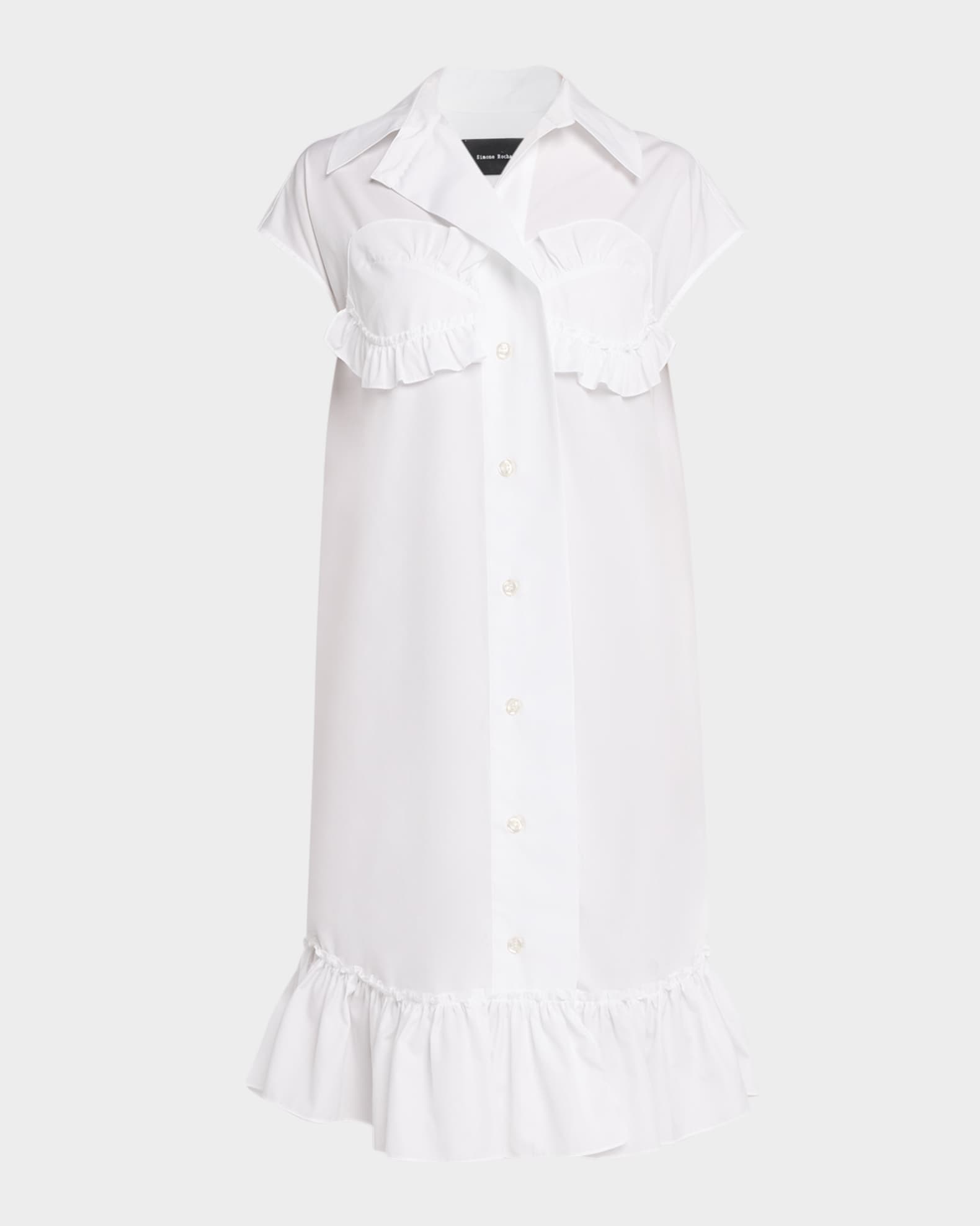 Ruffle Bust Cap-Sleeve Cotton Shirtdress 0