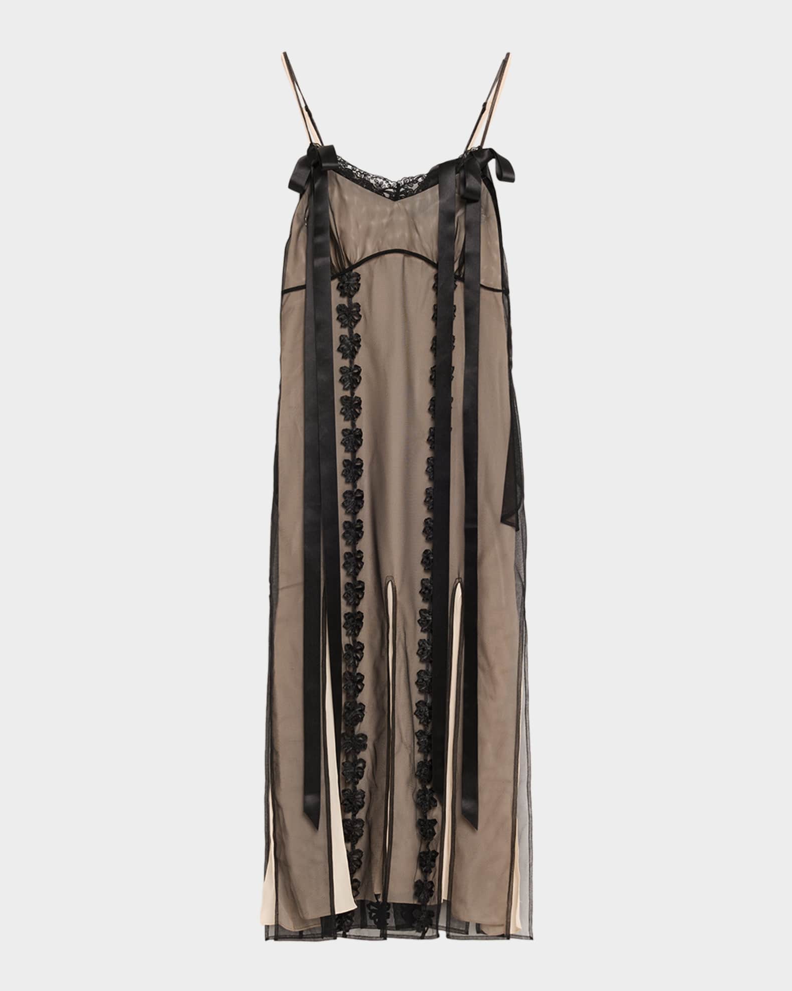 Simone Rocha Layered Ribbon Slits Ankle Slip Dress | Neiman Marcus