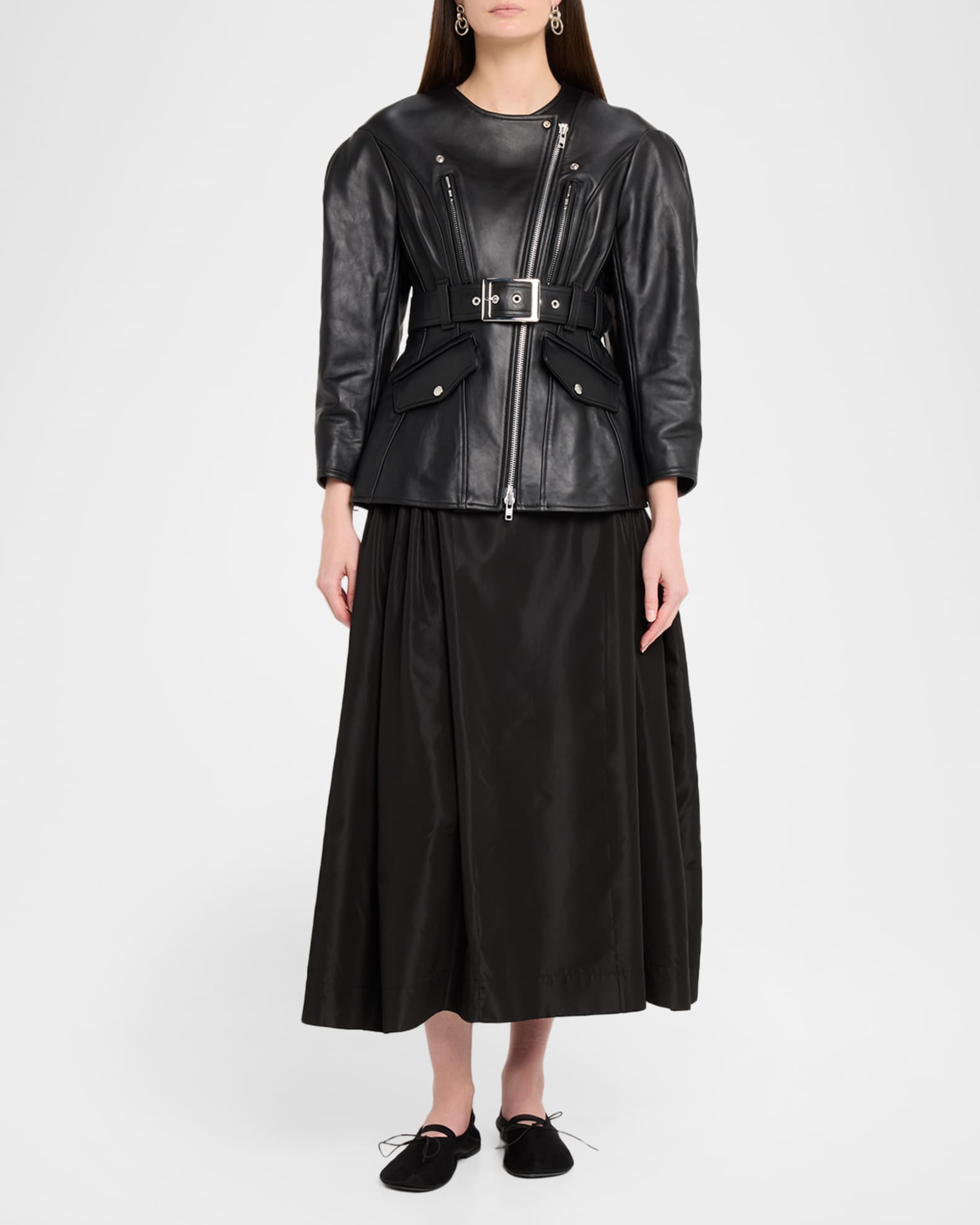 Simone Rocha Sculpted Belt Leather Moto Jacket | Neiman Marcus