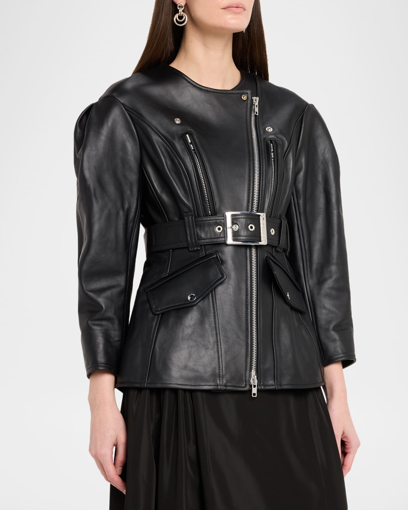 Simone Rocha Sculpted Belt Leather Moto Jacket | Neiman Marcus