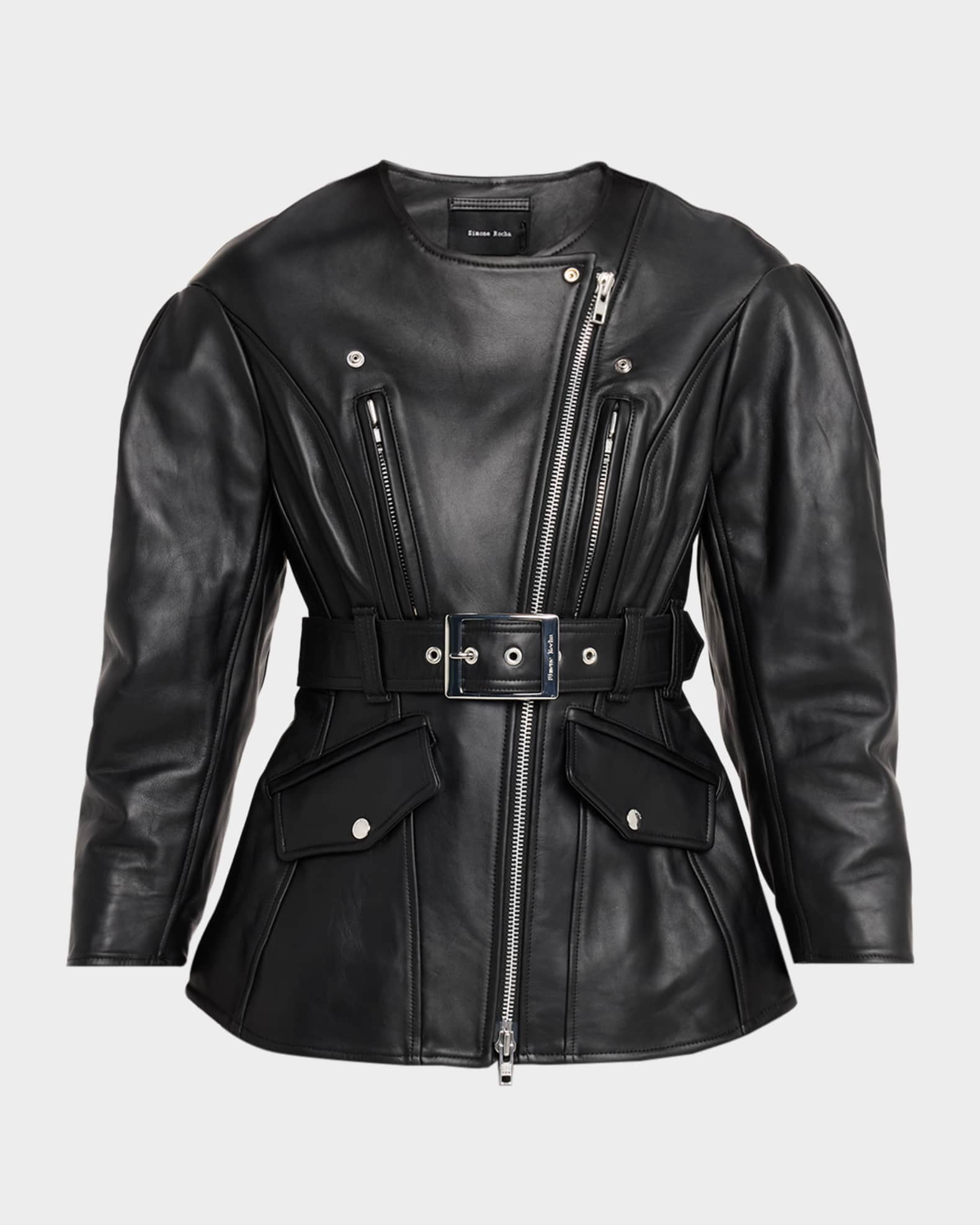 Simone Rocha Sculpted Belt Leather Moto Jacket | Neiman Marcus
