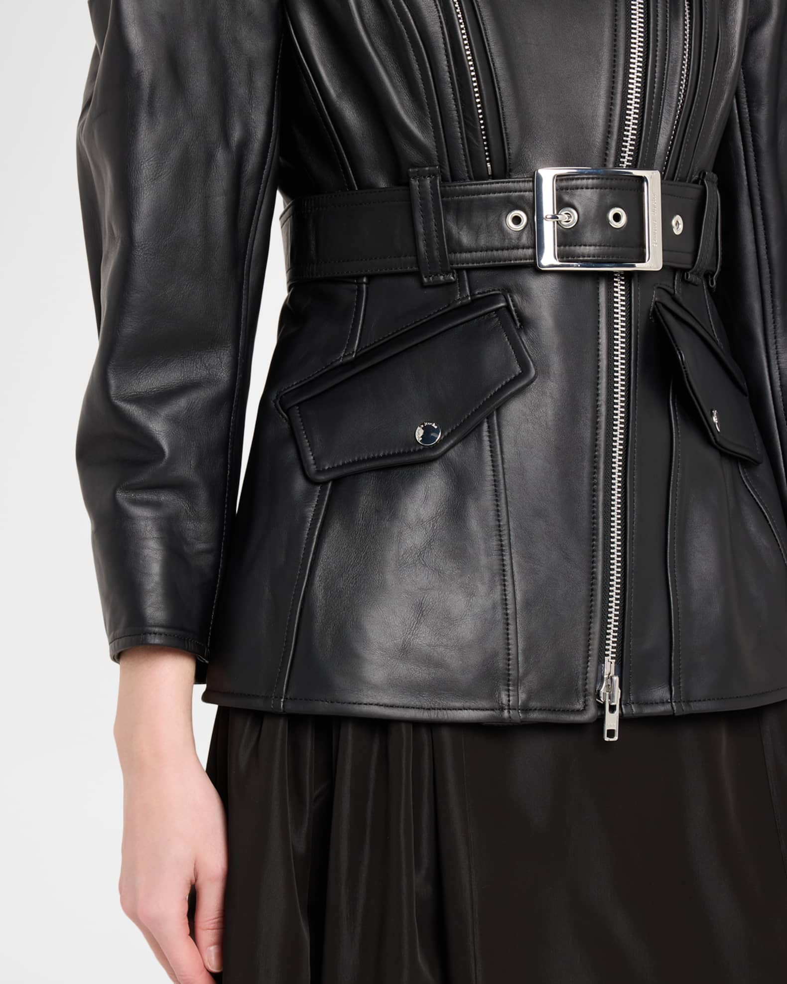 Simone Rocha Sculpted Belt Leather Moto Jacket | Neiman Marcus