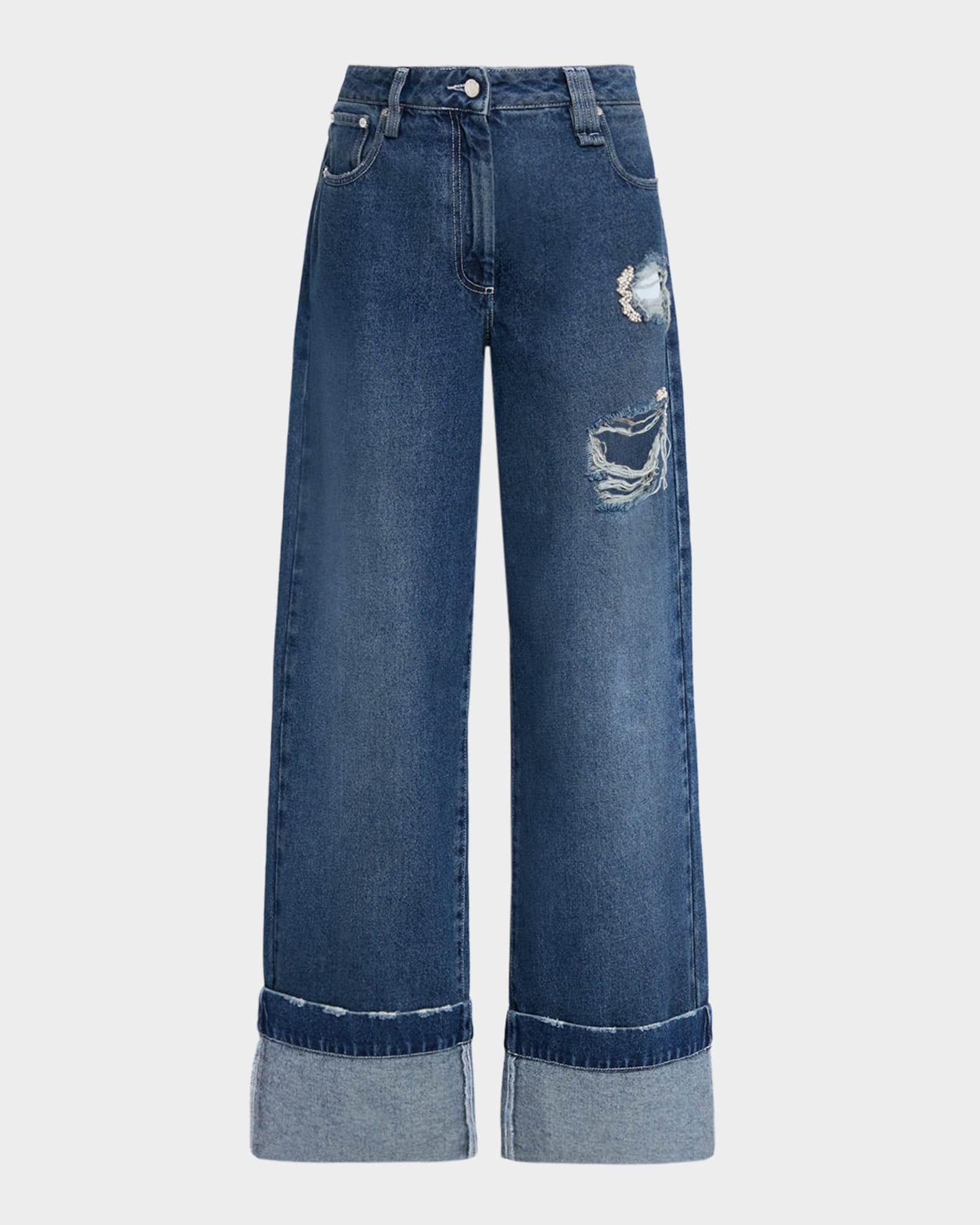 Simone Rocha Embellished Distressed Wide-Leg Jeans | Neiman Marcus