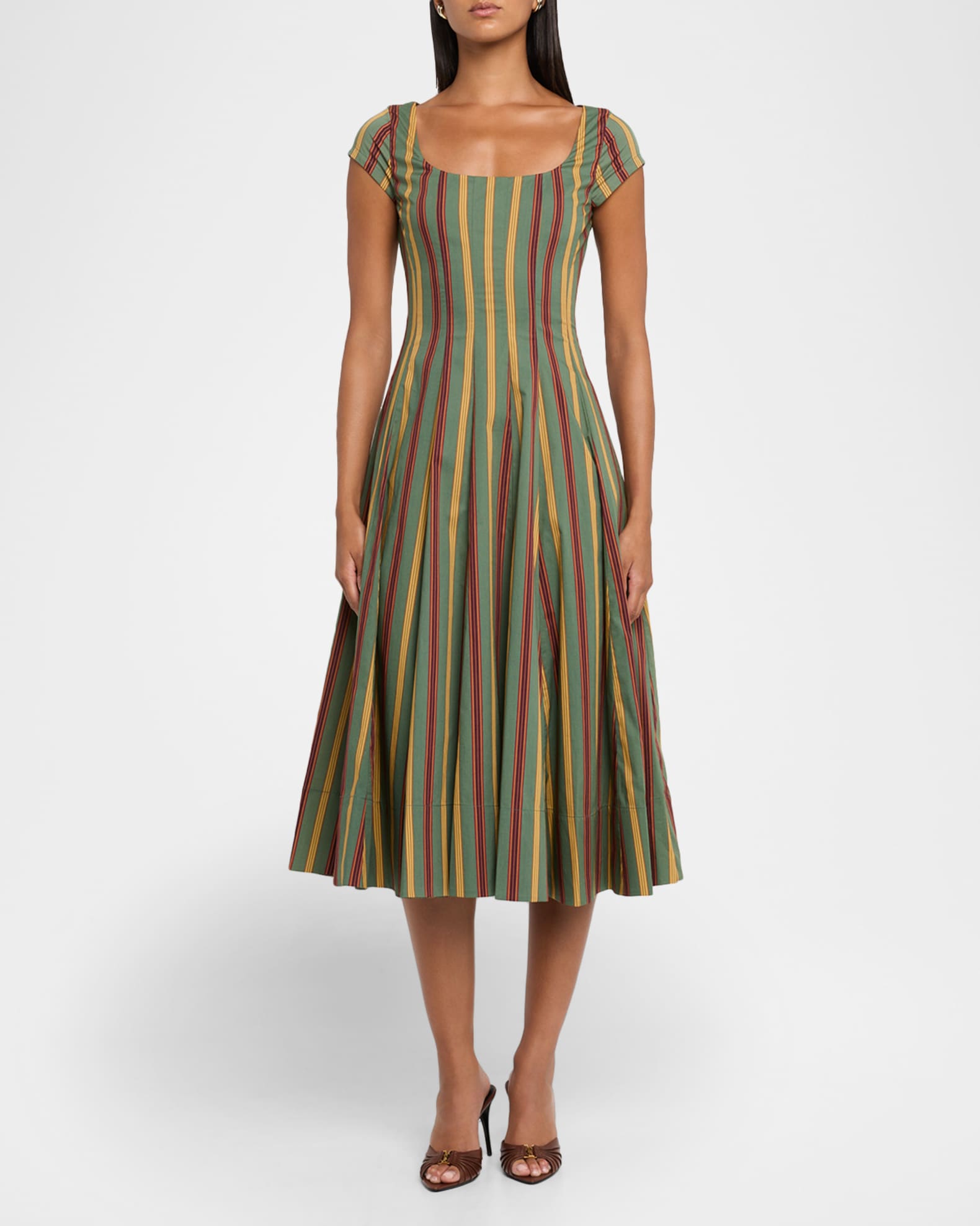 STAUD Wells Striped Stretch-Cotton Square-Neck Midi Dress | Neiman Marcus