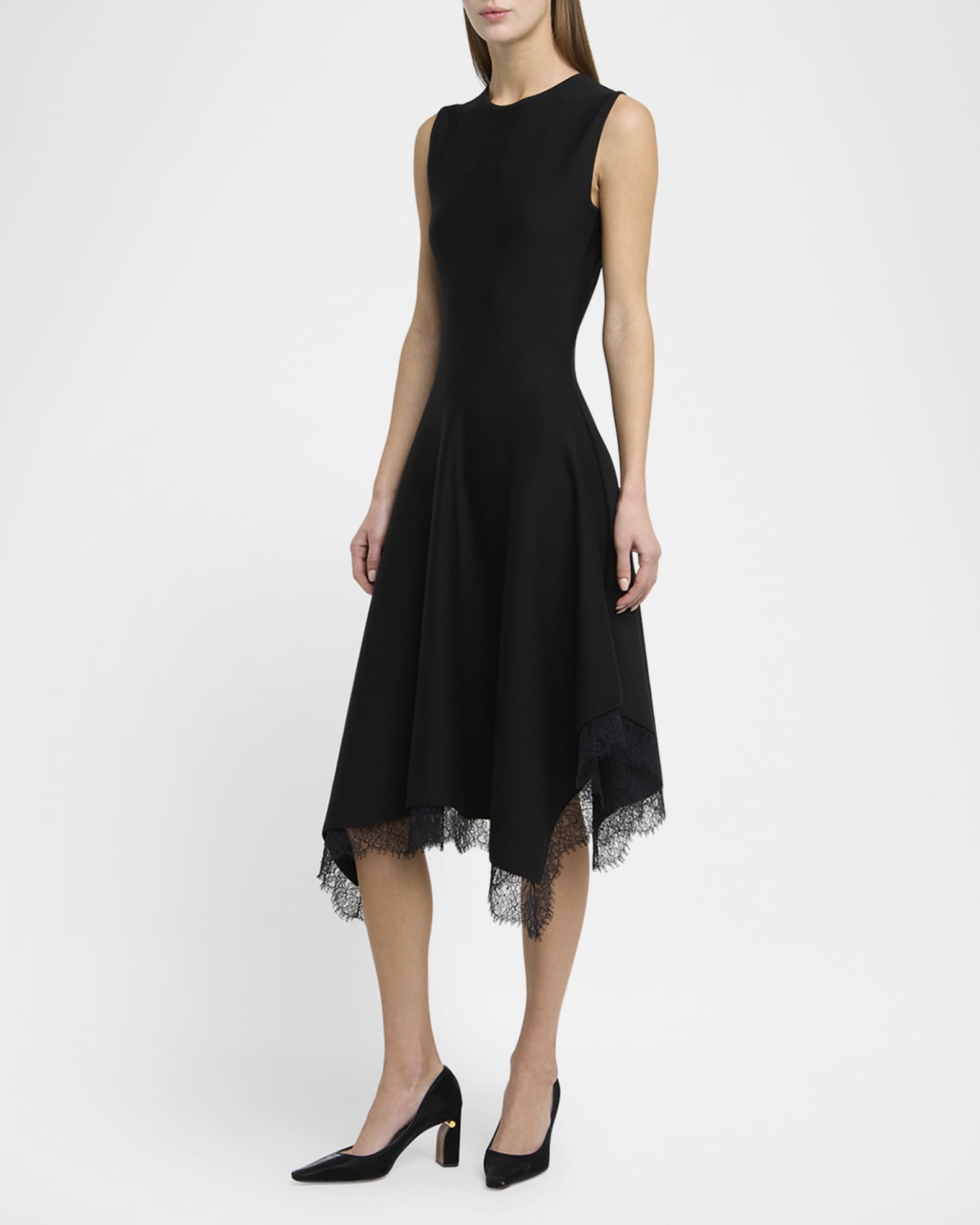 McQueen Asymmetric Lace Hem Sleeveless Midi Dress | Neiman