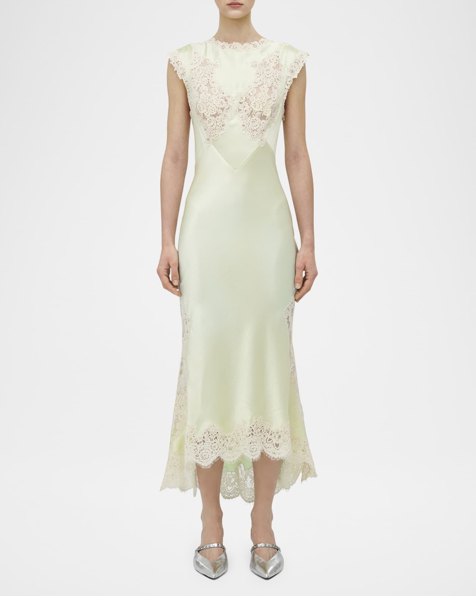 【Alexander McQueen】lace-trimmed sleeveless midi dress McQueen Lace Inset Sleeveless Satin Midi Dress | Neiman Marcus
