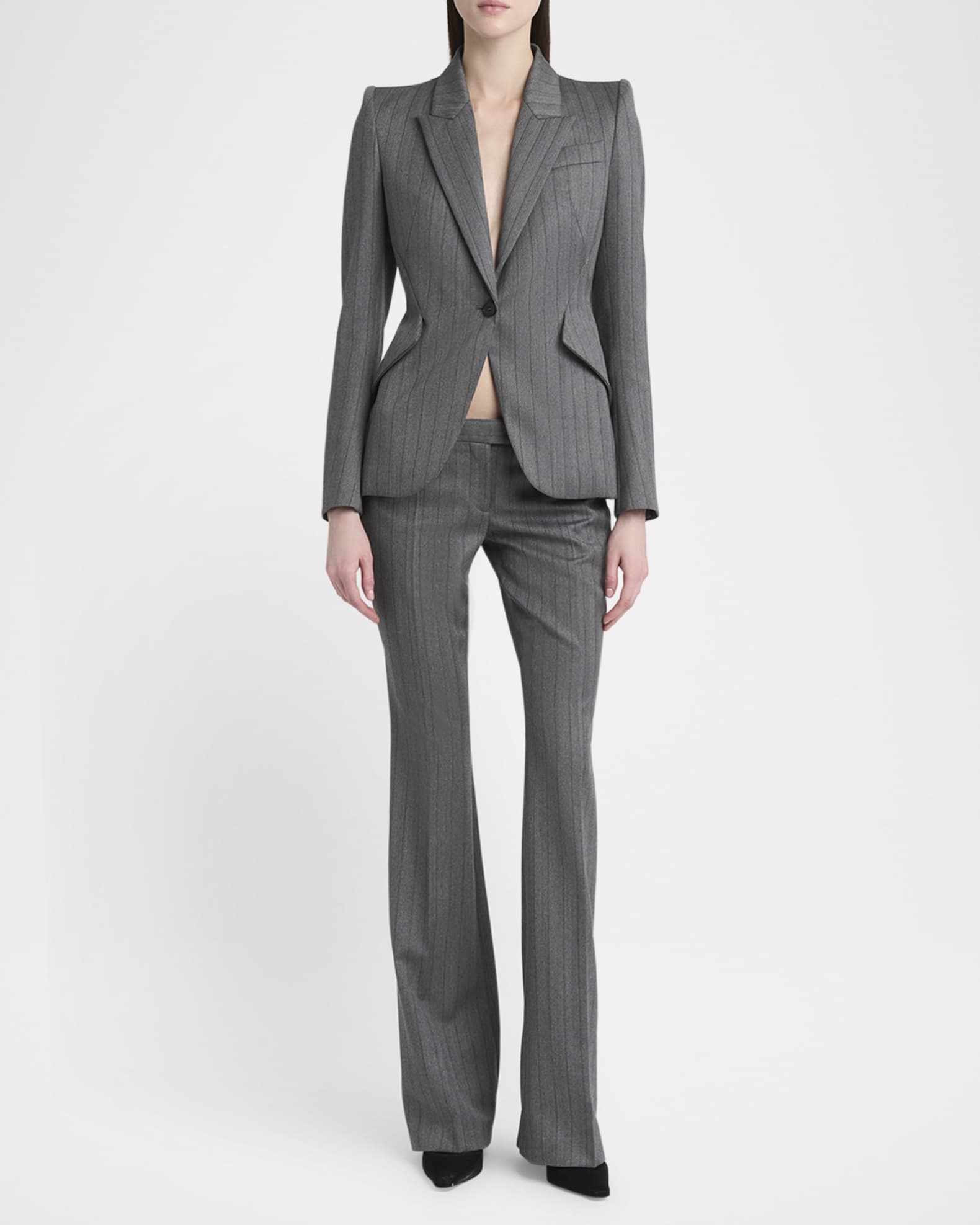 Herringbone Striped Single-Breasted Blazer Jacket 1