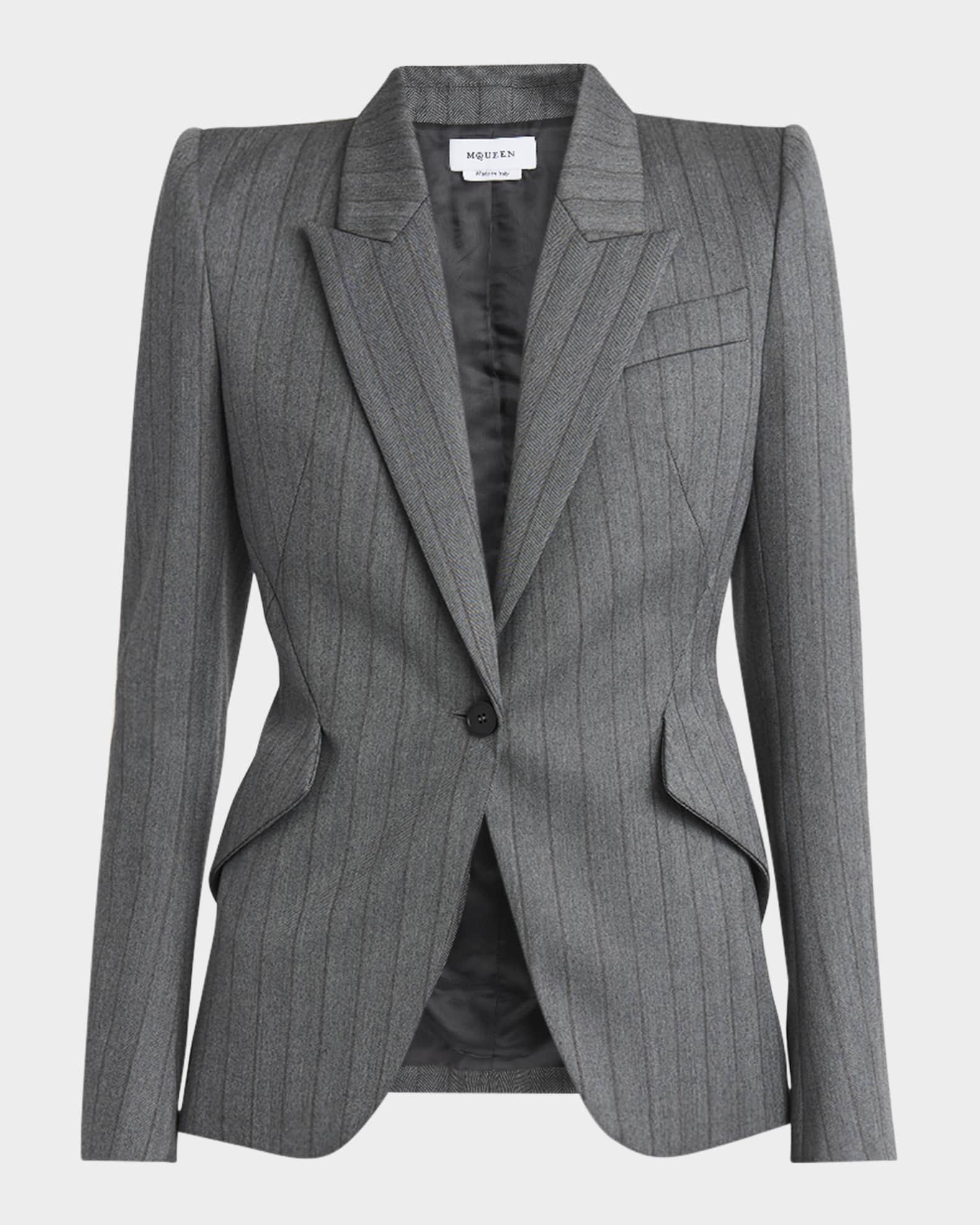 Herringbone Striped Single-Breasted Blazer Jacket 0