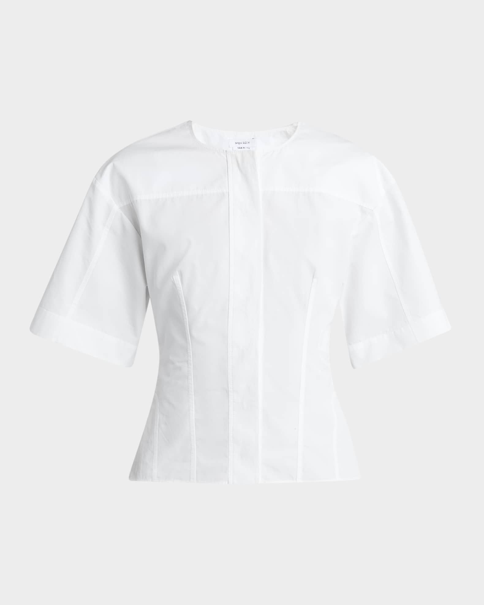 Short-Sleeve Corset Seamed Poplin Blouse 0