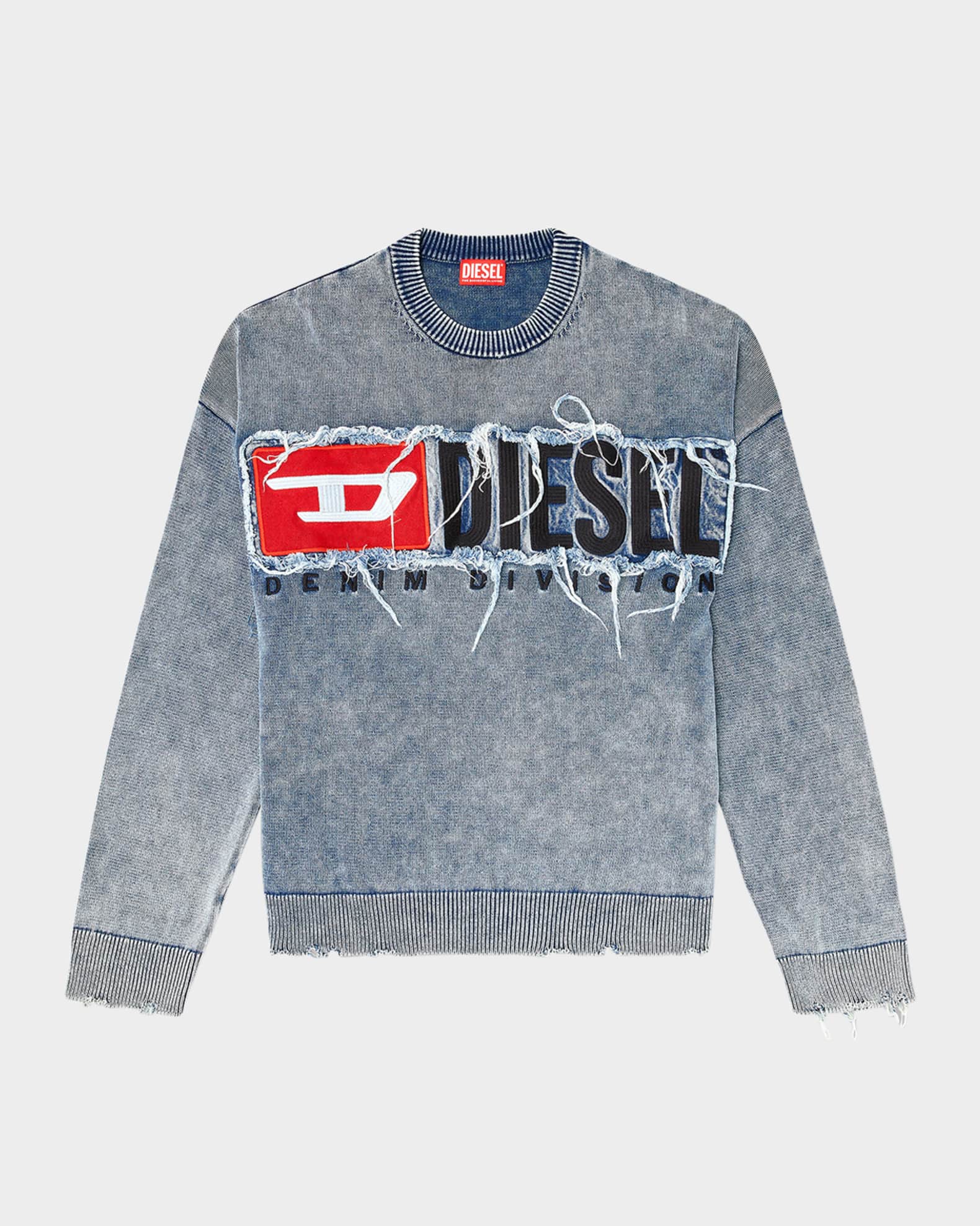 Men's K-Fronzi Frayed Denim Logo Crewneck Sweater 0
